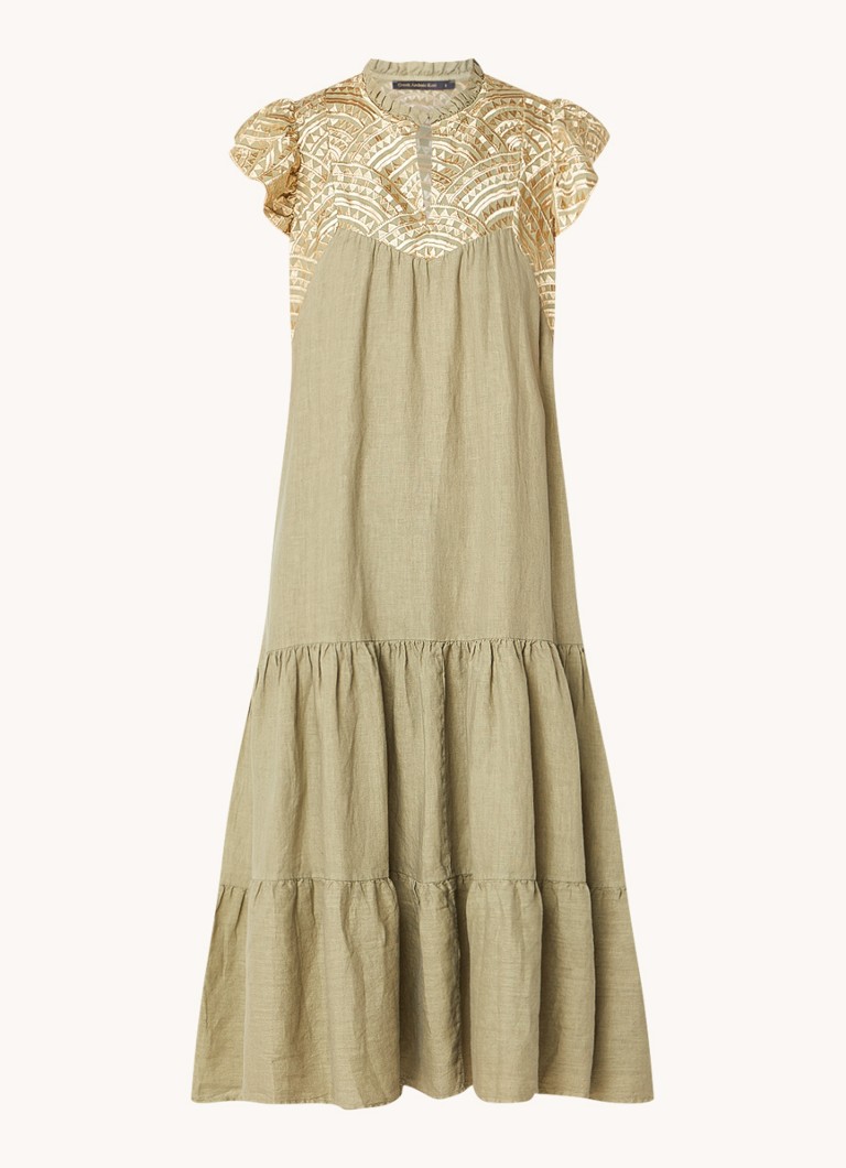 Greek Archaic Kori Midi linen tunic dress with embroidery