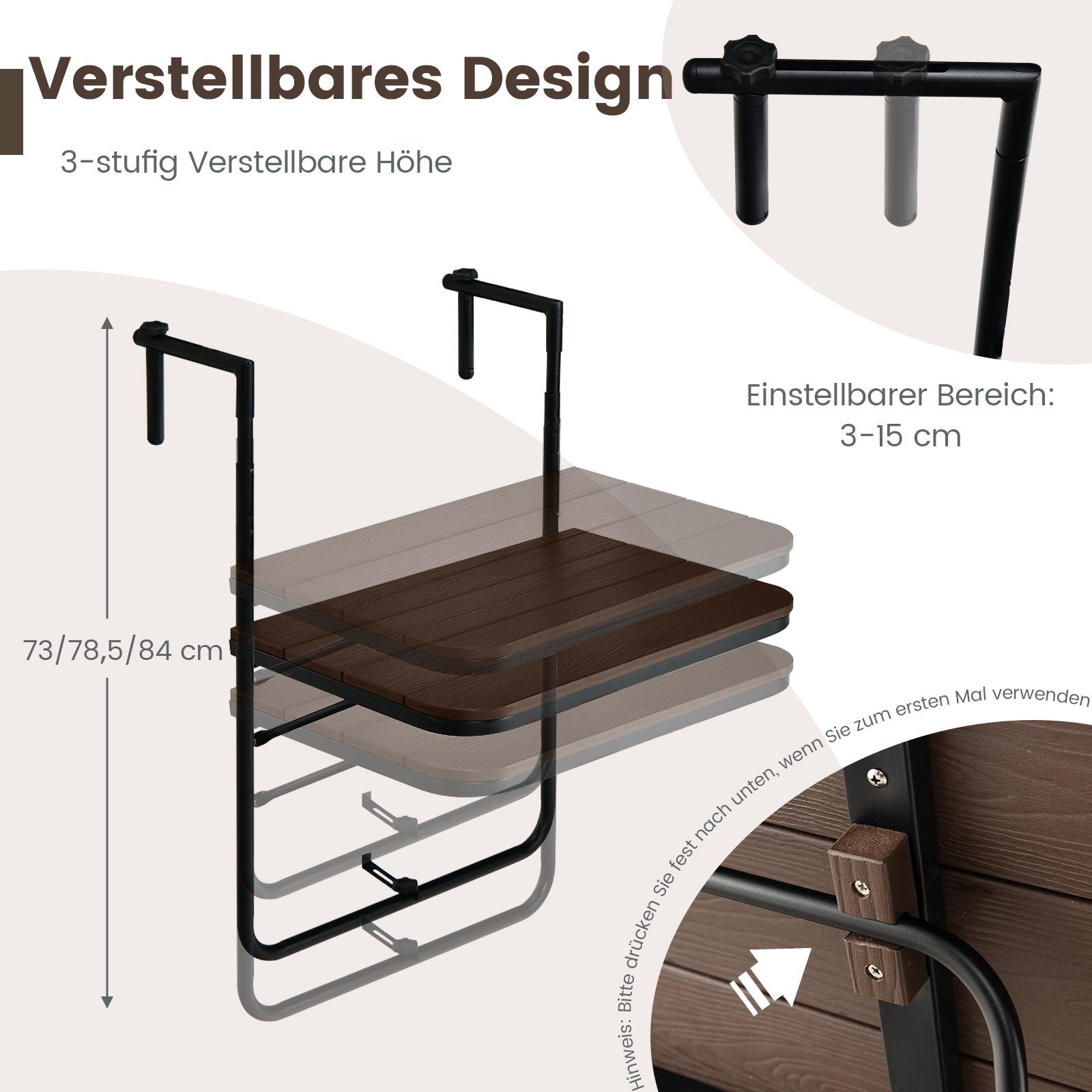 COSTWAY Balkonhängetisch Balkontisch, 3-stufig verstellbar
