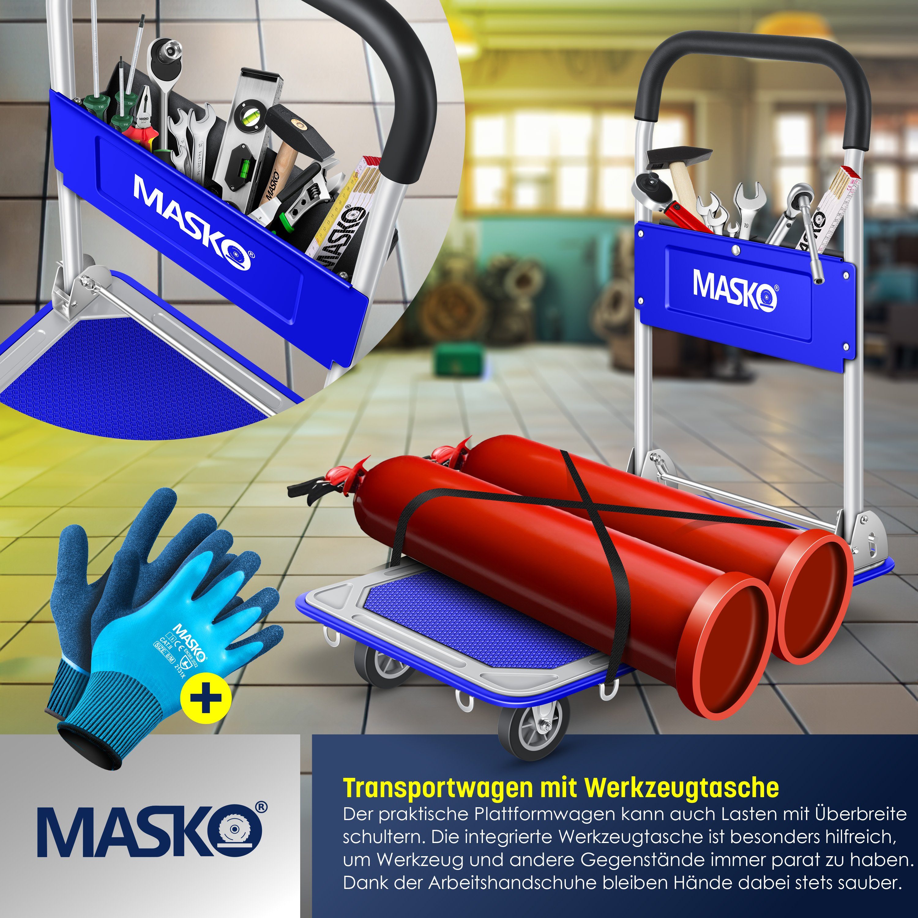 MASKO Transportwagen, Plattformwagen Lagerwagen Klappbar Inkl. Arbeitshandschuhe