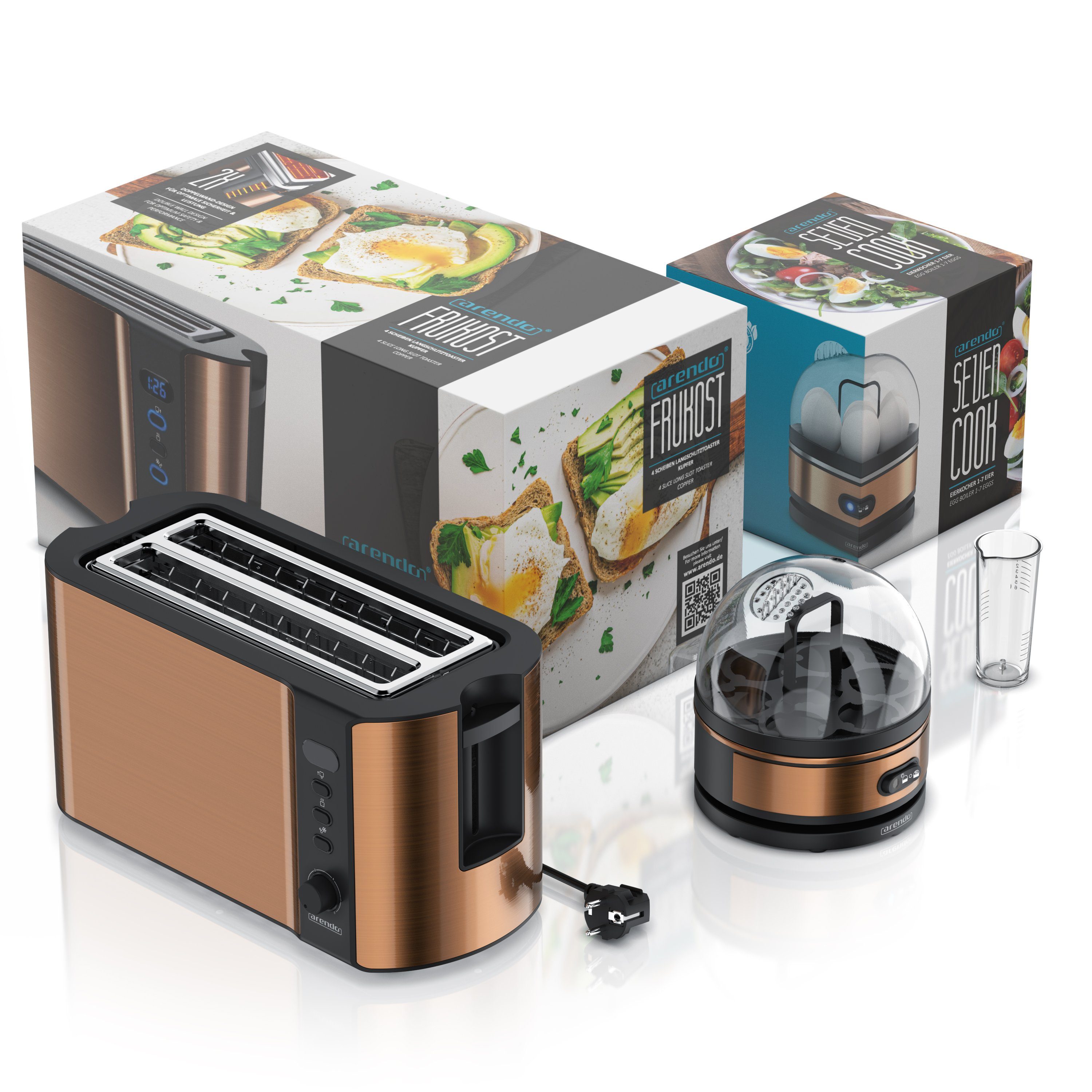 Arendo Frühstücks-Set (2-tlg), 4-Scheiben Langschlitz Toaster, 7er Eierkocher, Kupfer