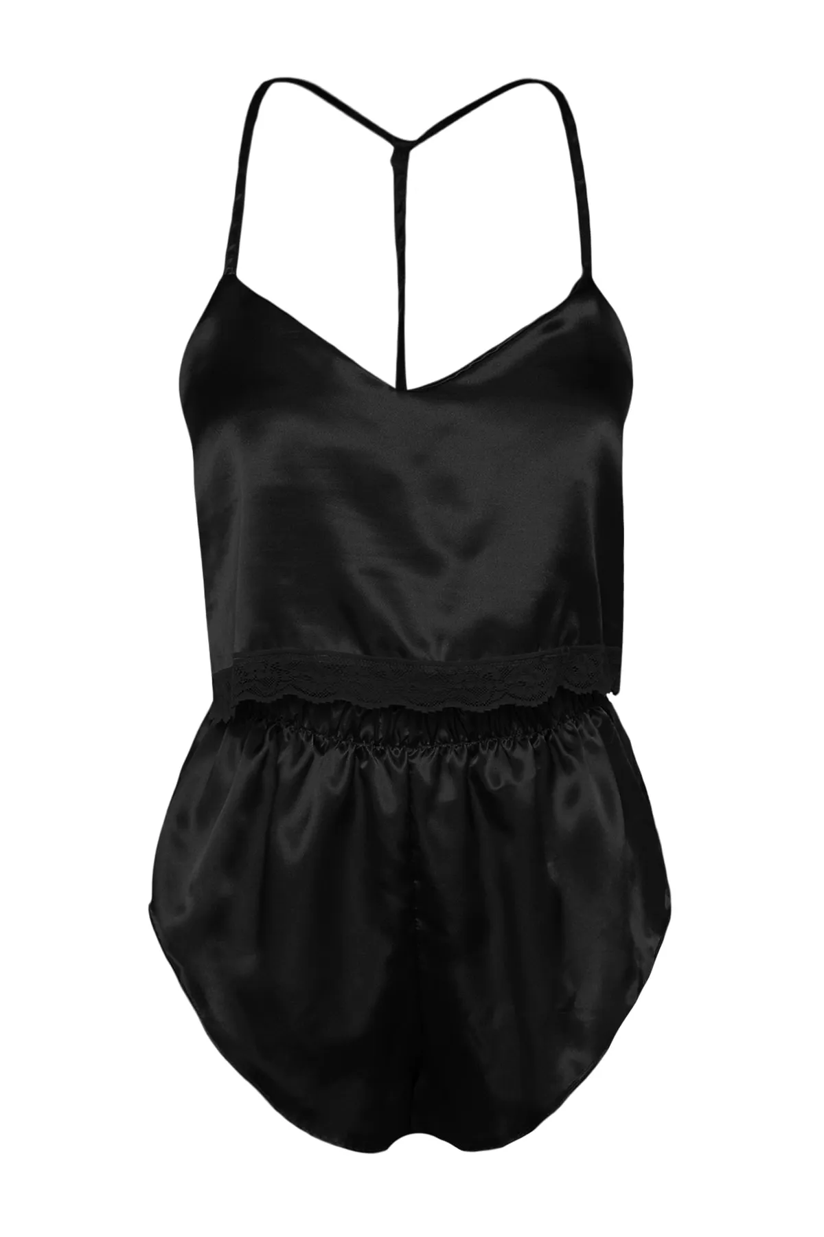 Trendyol Collection  Schwarzes Pyjama-Set aus gewebtem Satin mit Spitzendetails und Seilträgern THMSS22PT0264