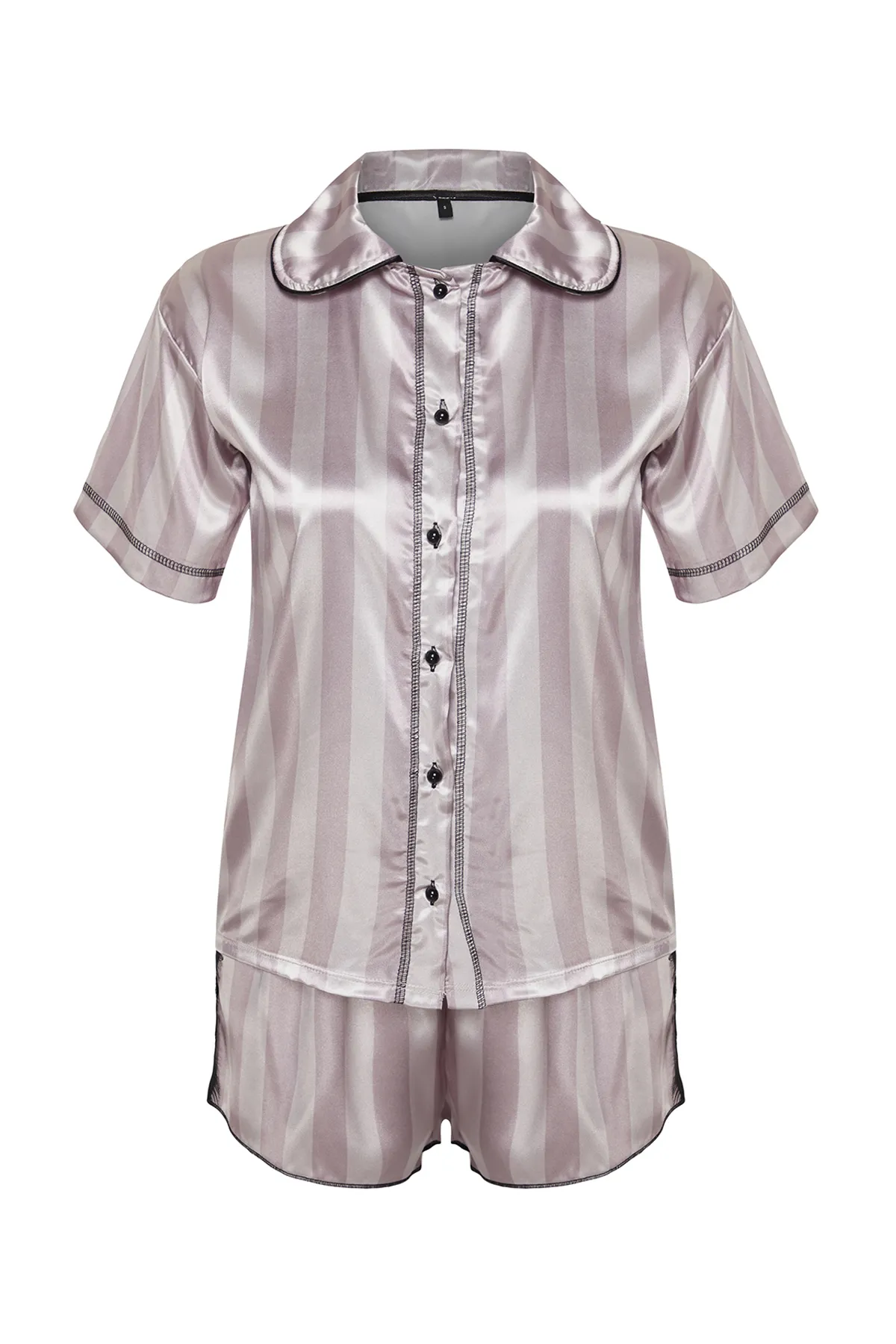 Trendyol Collection  Lila-mehrfarbig gestreiftes Pyjama-Set aus gewebtem Satin THMSS24PT00324