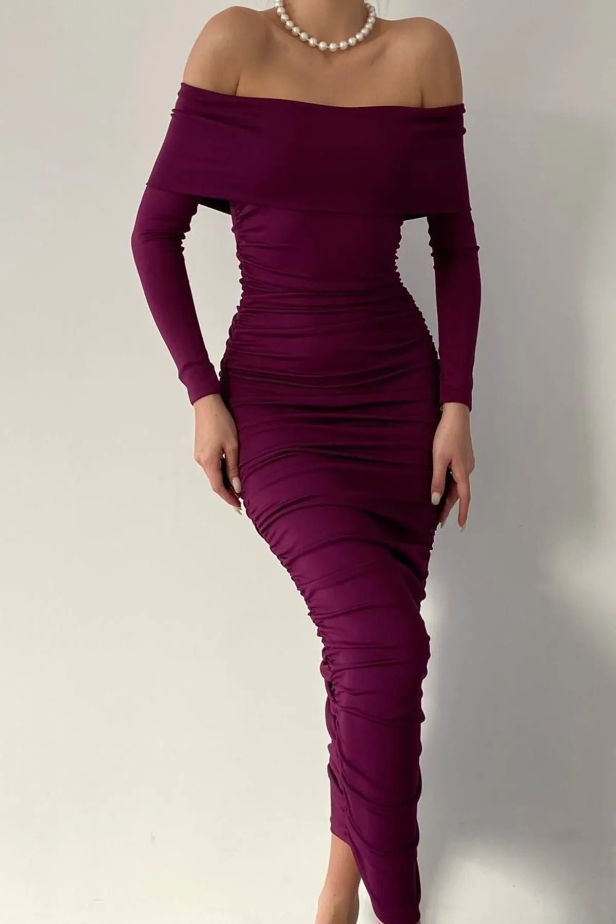 vuvutasarım  Dehnbarer Sandstoff, trägerloser Kragen, Midi-Länge, Bleistiftschnitt, langärmeliges lila Kleid 189