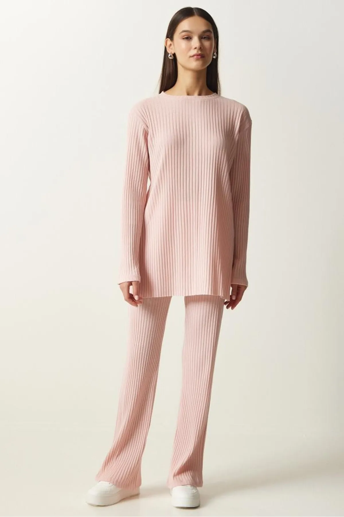 Know  Damen-Set aus schnurgebundener Strickbluse und Hose in Puderrosa