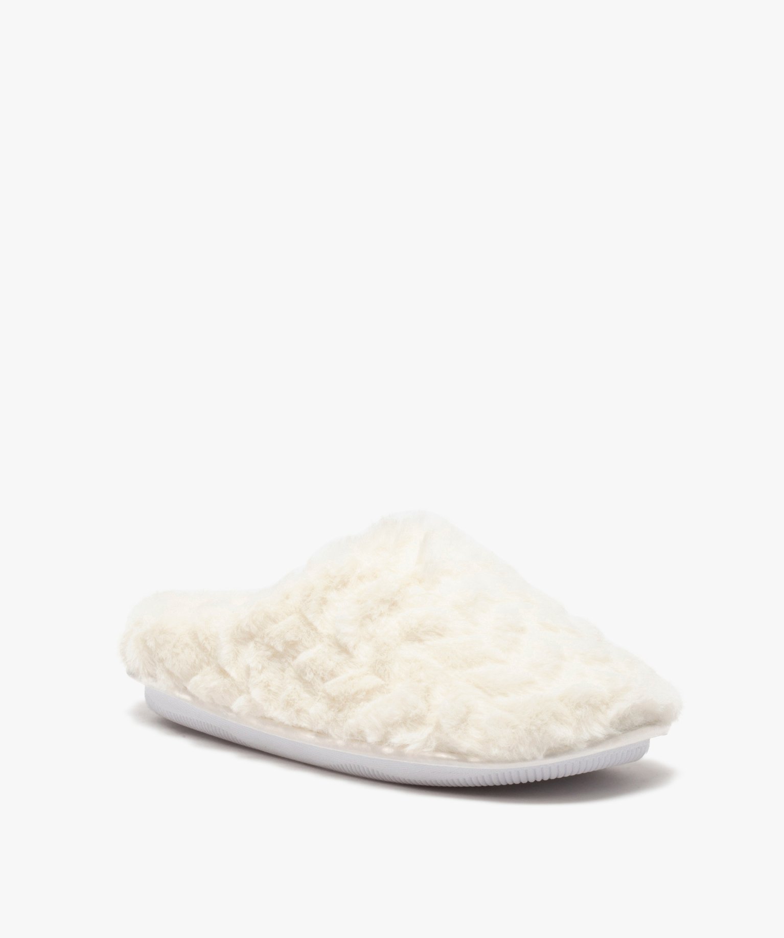 Chaussons femme mules plates unies imitation fourrure blanc | GEMO