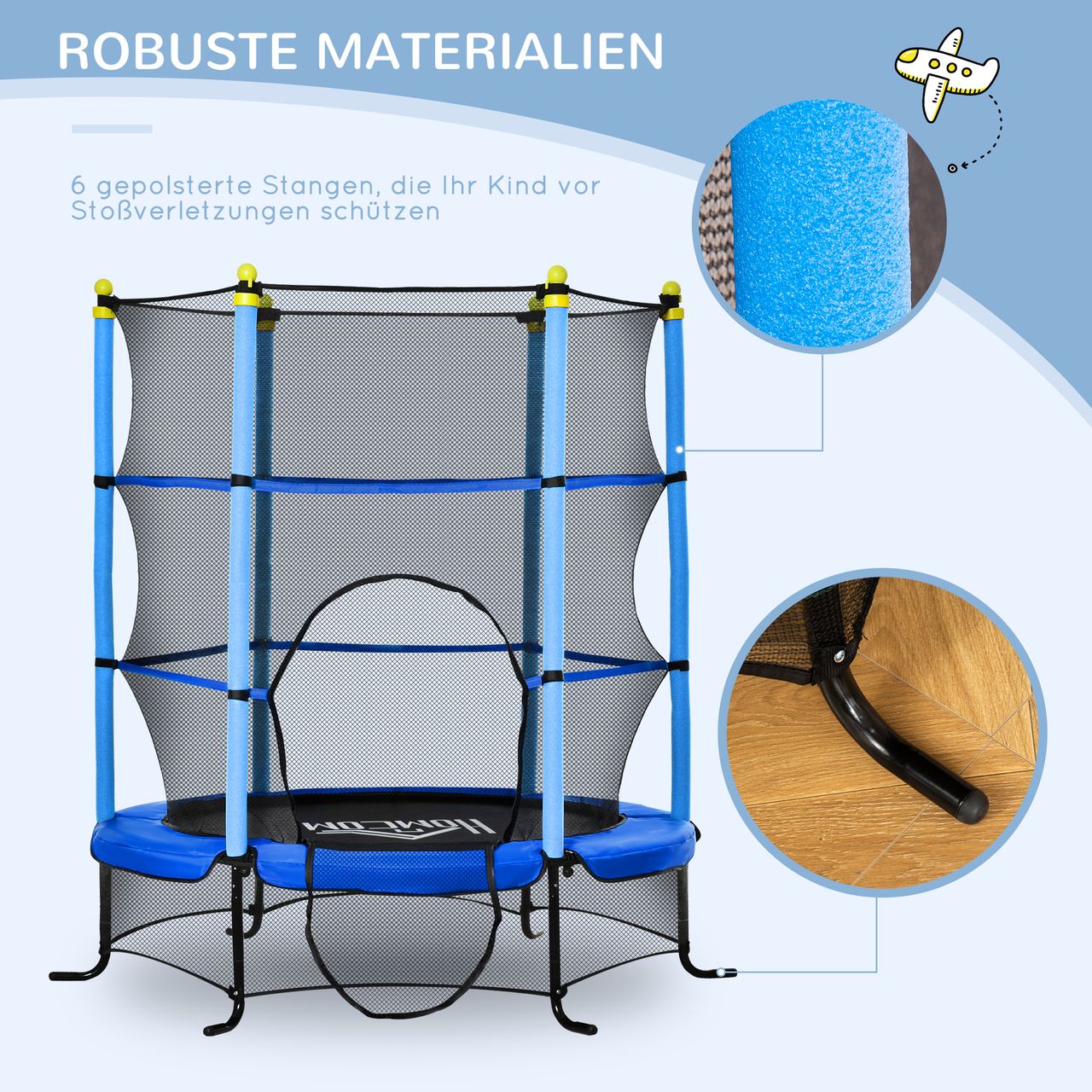 HOMCOM Trampolin Ø163 cm Gartentrampolin Mini-Trampoline für Kinder mit Sicherheitsnetz Randabdeckung Kleinkind-Trampolin für drinnen und draußen springen Gummiseil gepolstert Stahl Blau bis 45 kg