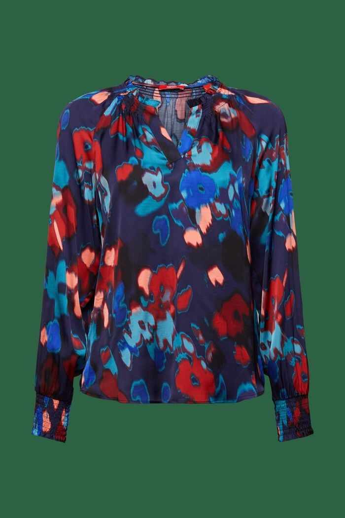 Gesmokte Satinbluse mit V-Ausschnitt und Print