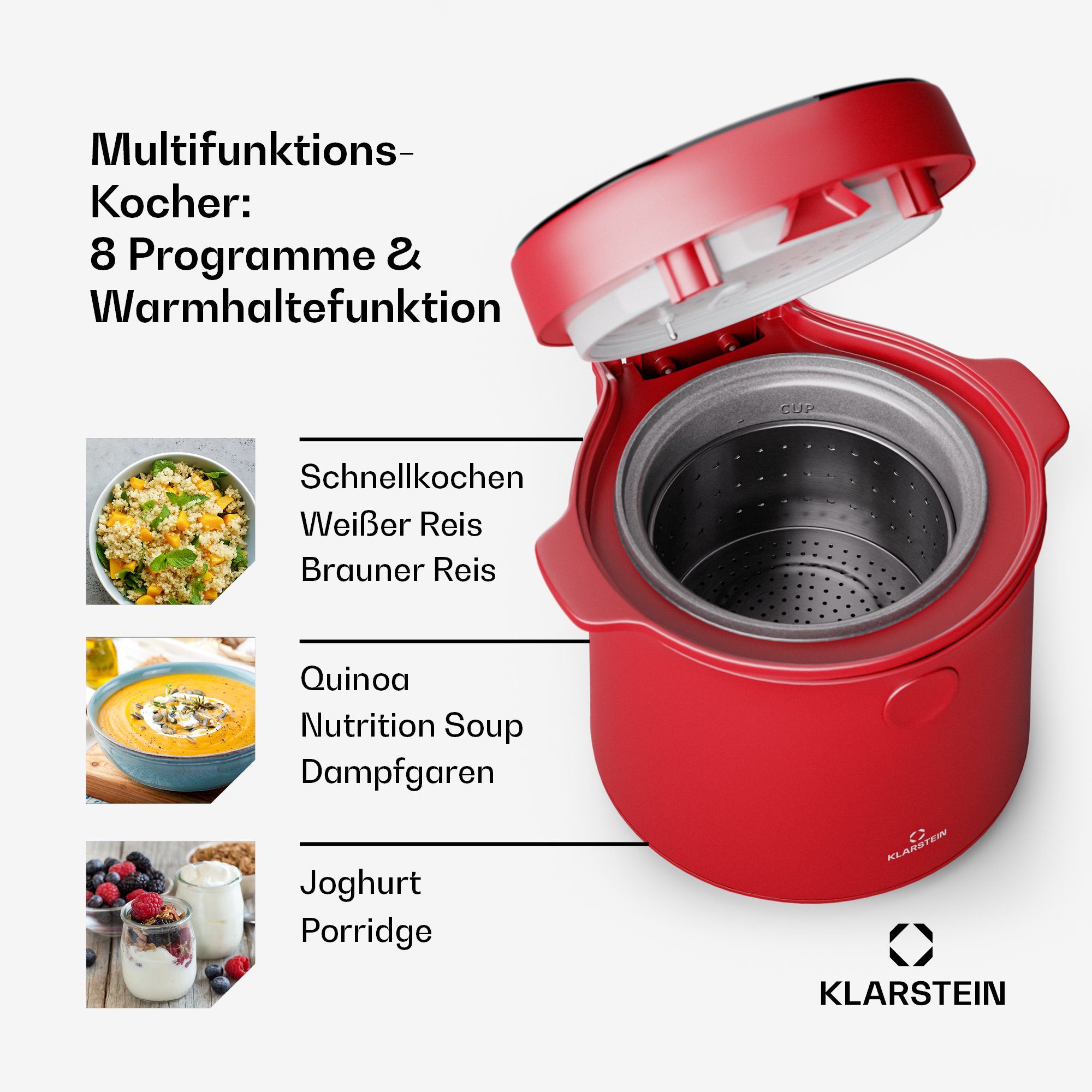 Klarstein Reiskocher Kenbu, 400 W, mit dampfgarer Elektrisch Multifunktions Kocher Rot
