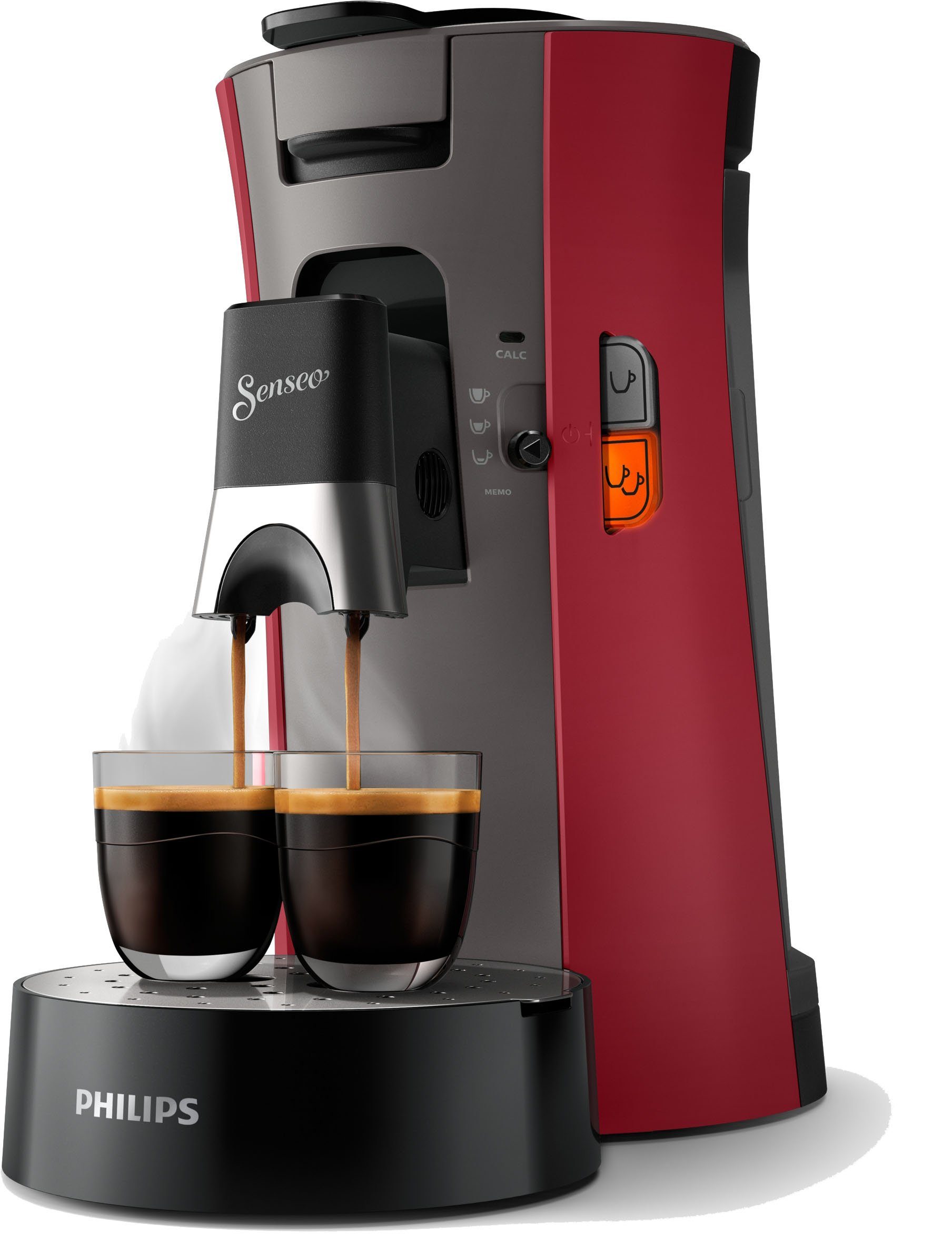 Philips Senseo Kaffeepadmaschine Select CSA240/90, aus 21% recyceltem Plastik und mit 3 Kaffeespezialitäten, dunkelrot