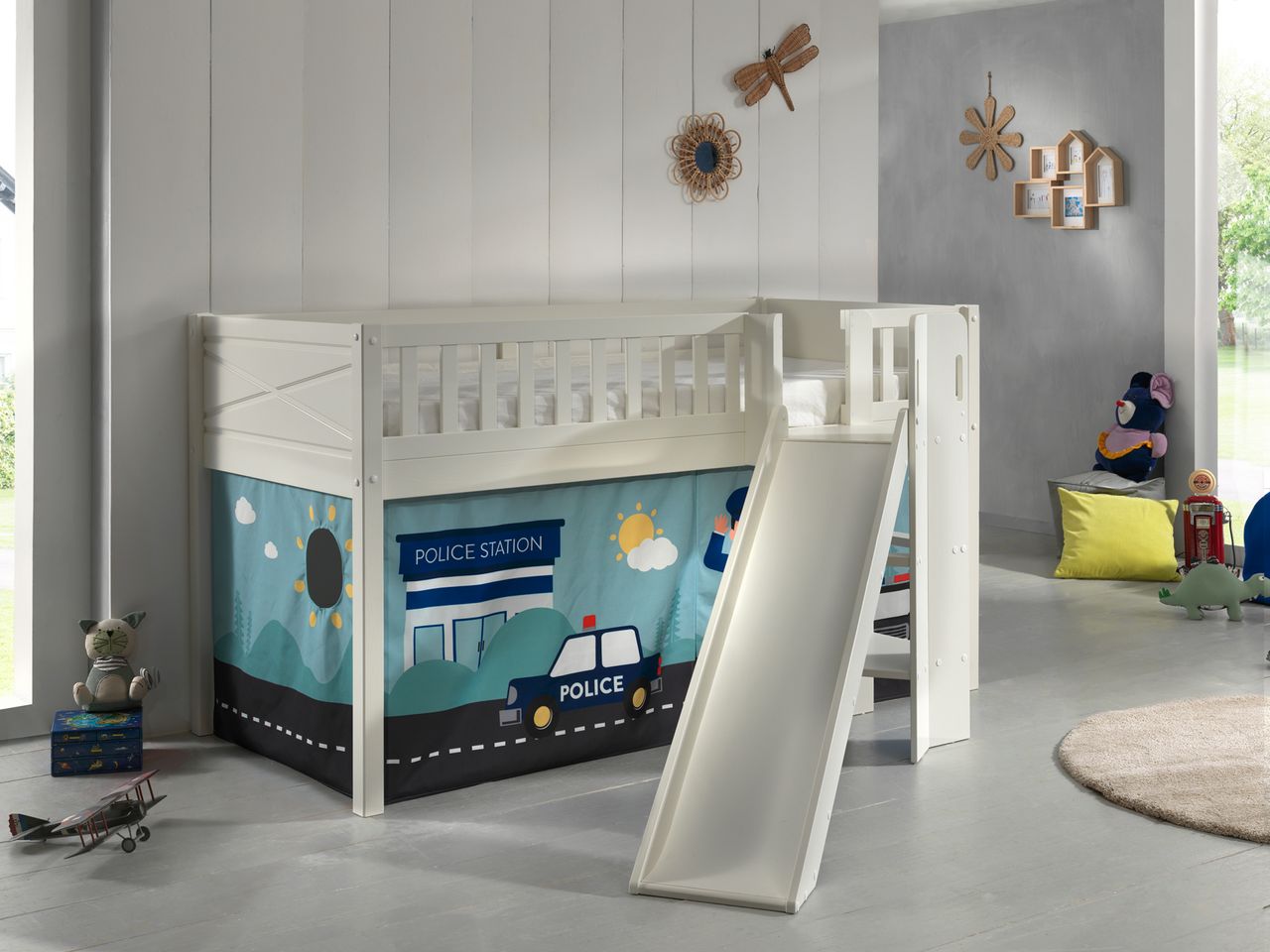 VIPACK Spielbett SCOTT, LF 90 x 200 cm, mit Rolllattenrost, Rutsche, Leiter und Textilset 