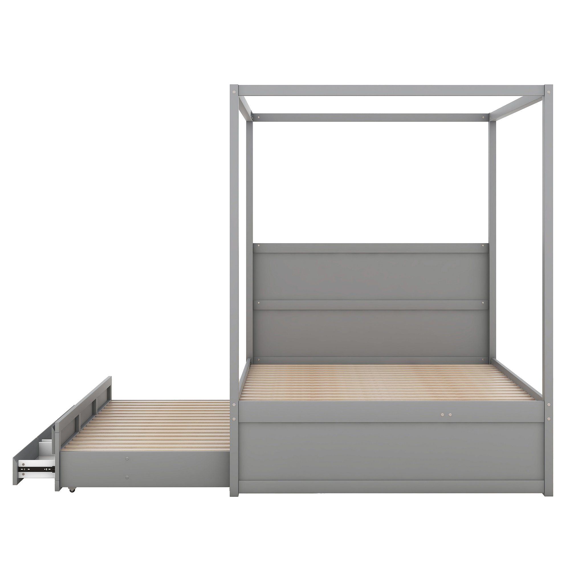 SOFTWEARY Himmelbett Doppelbett mit 2. Schlafgelegenheit, Lattenrost und Schubladen (140x200 cm/90x190 cm), Holzbett aus Kiefer