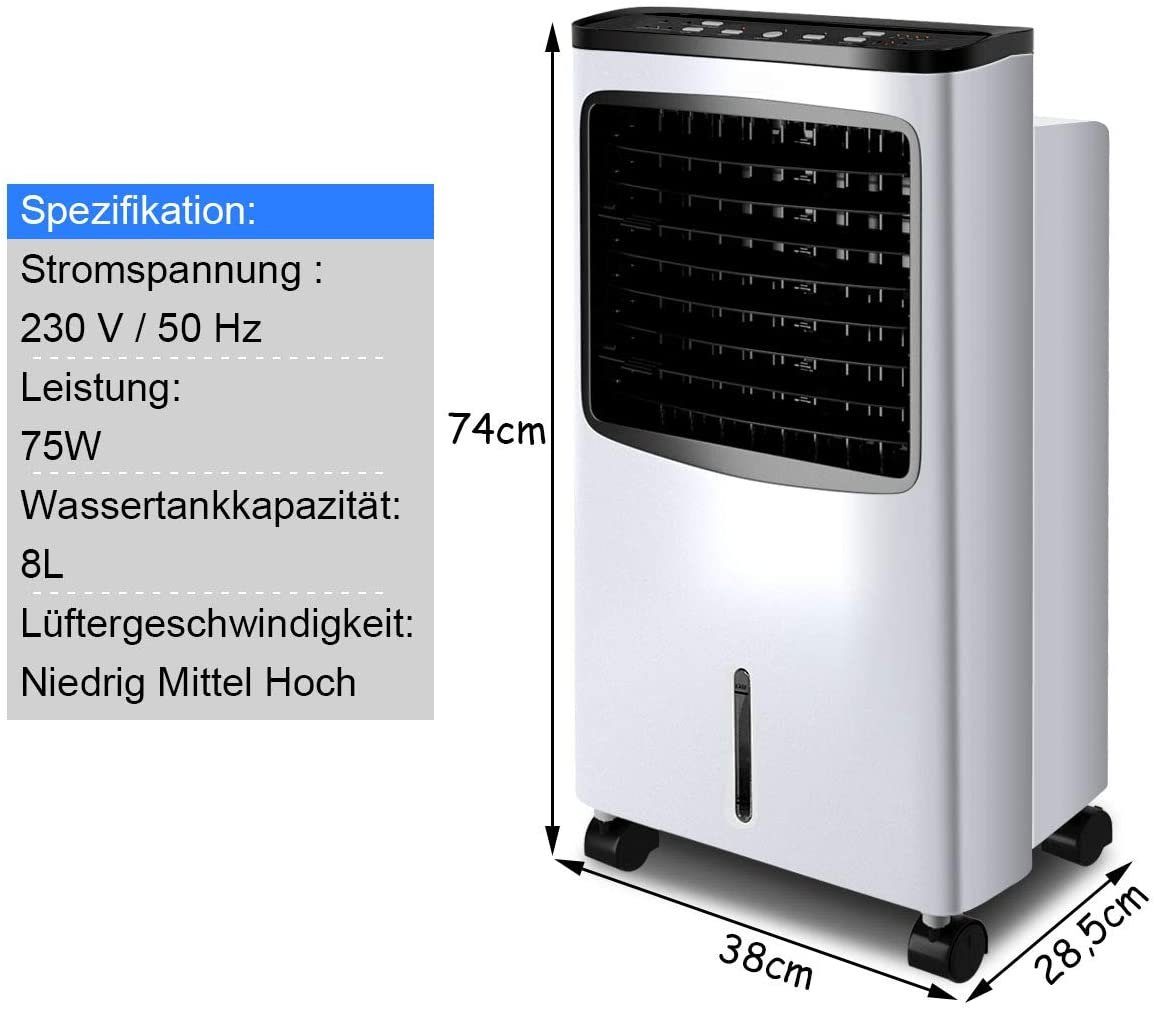 COSTWAY Ventilatorkombigerät Luftkühler, 75W, 8L Tank, 7,5H Timer, 3 Stufen