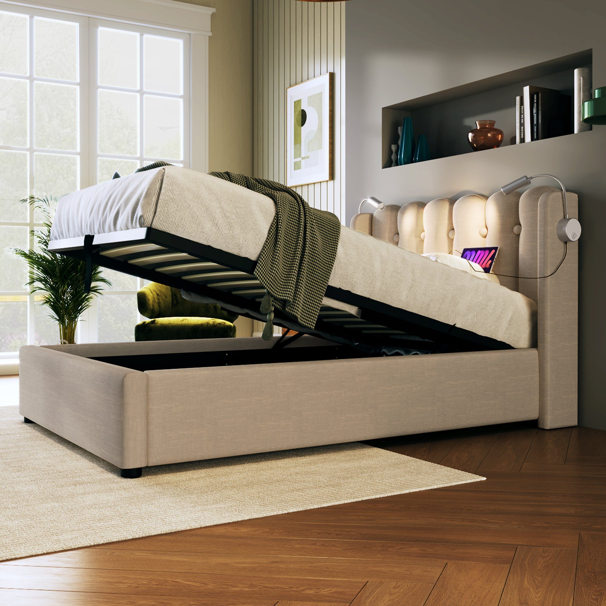 REDOM Polsterbett Leselicht mit Ladefunktion Kopfteil Stauraum Bettgestell (Jugendbett), 90 x 200 cm, ohne-Matratze
