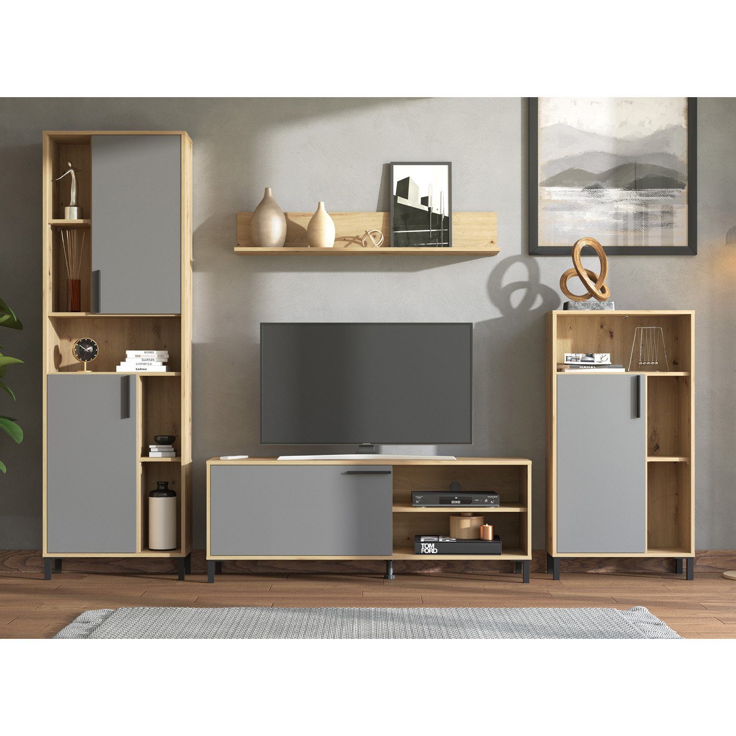 Homestyle4u Wohnwand Schrankwand 4 tlg. Anbauwand Weiß Grau, (4-St)