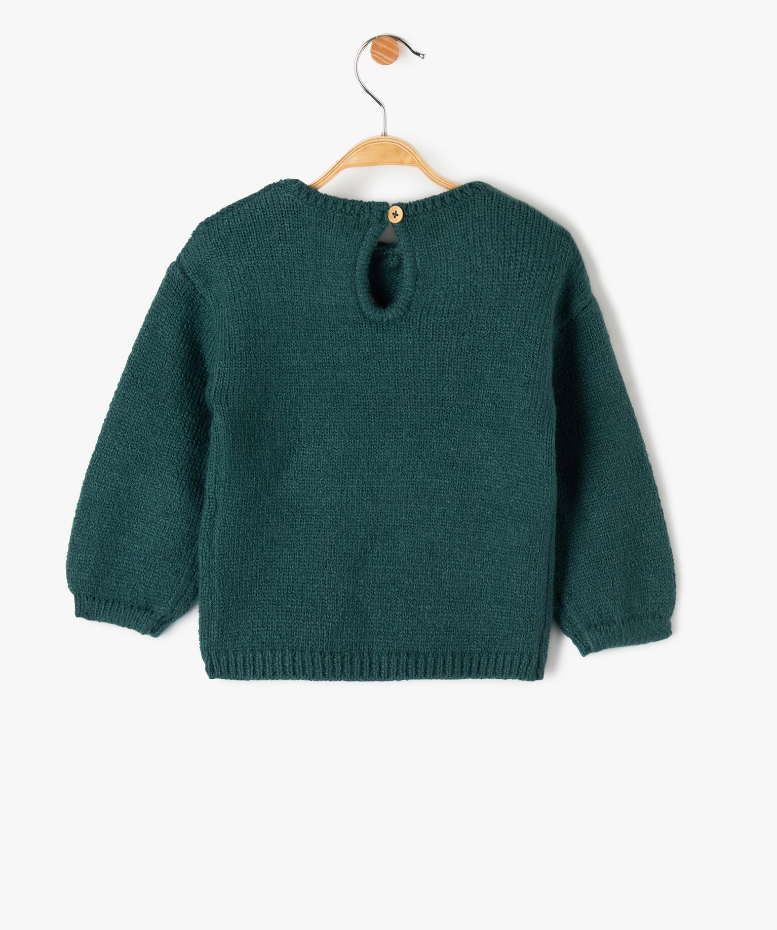 Pull bébé fille en grosse maille à broderies fleurs vert | GEMO