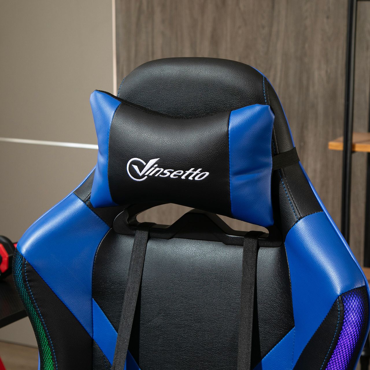 Vinsetto Bürostuhl LED Gaming Stuhl ergonomischer Drehstuhl mit Liegefunktion Handlauf anhebbar Schaumstoff Kunstleder Nylon Schwarz Blau 70 x 57,5 x 126-136 cm