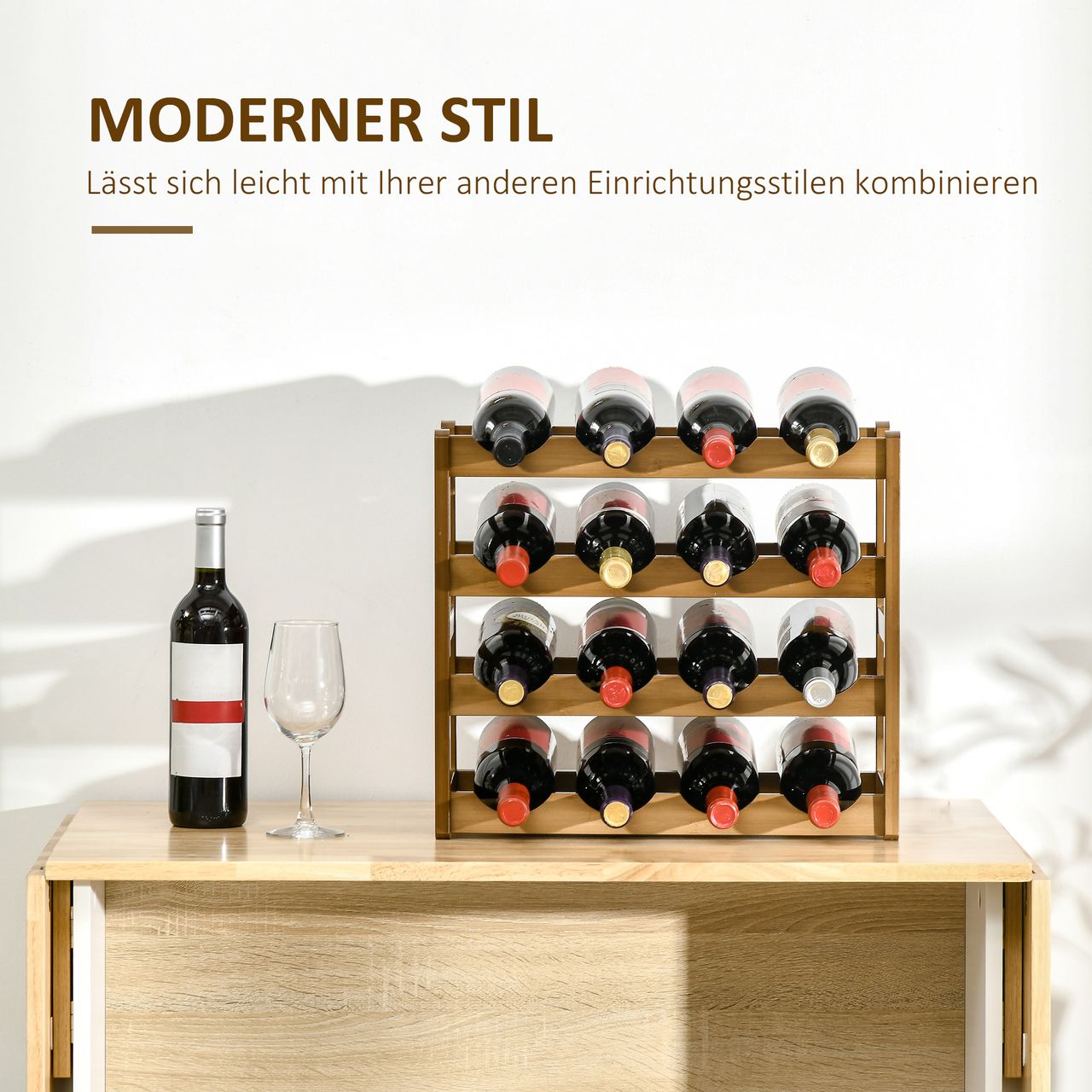 HOMCOM Weinregal Flaschenregal für 16 Flaschen Weinhalter aus Bambus Natur