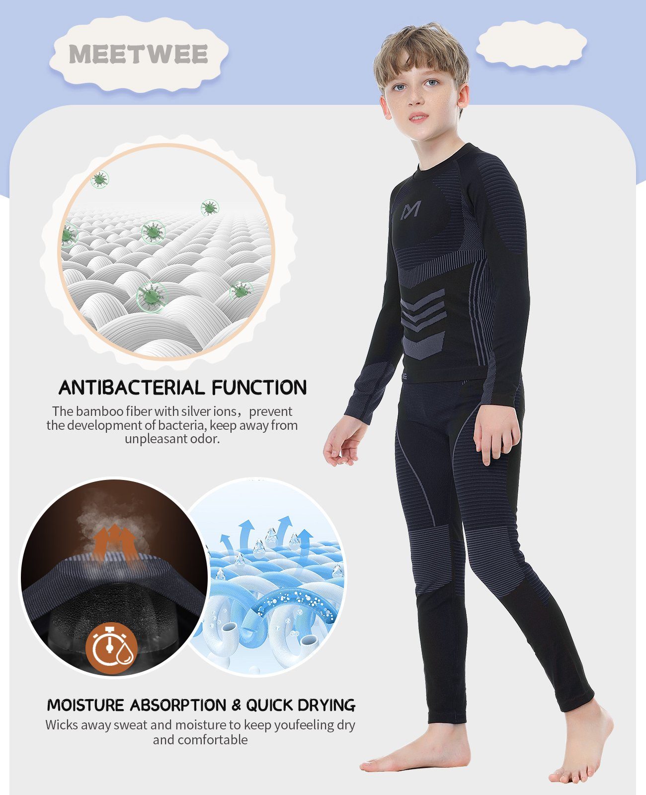 MEETYOO Thermounterhemd Kinder Thermounterwäsche Set Funktionswäsche (Skiunterwäsche, Sportunterwäsche Unterhemd + Unterhose) Wandern Snowboarden Radfahren Laufen Skifahren