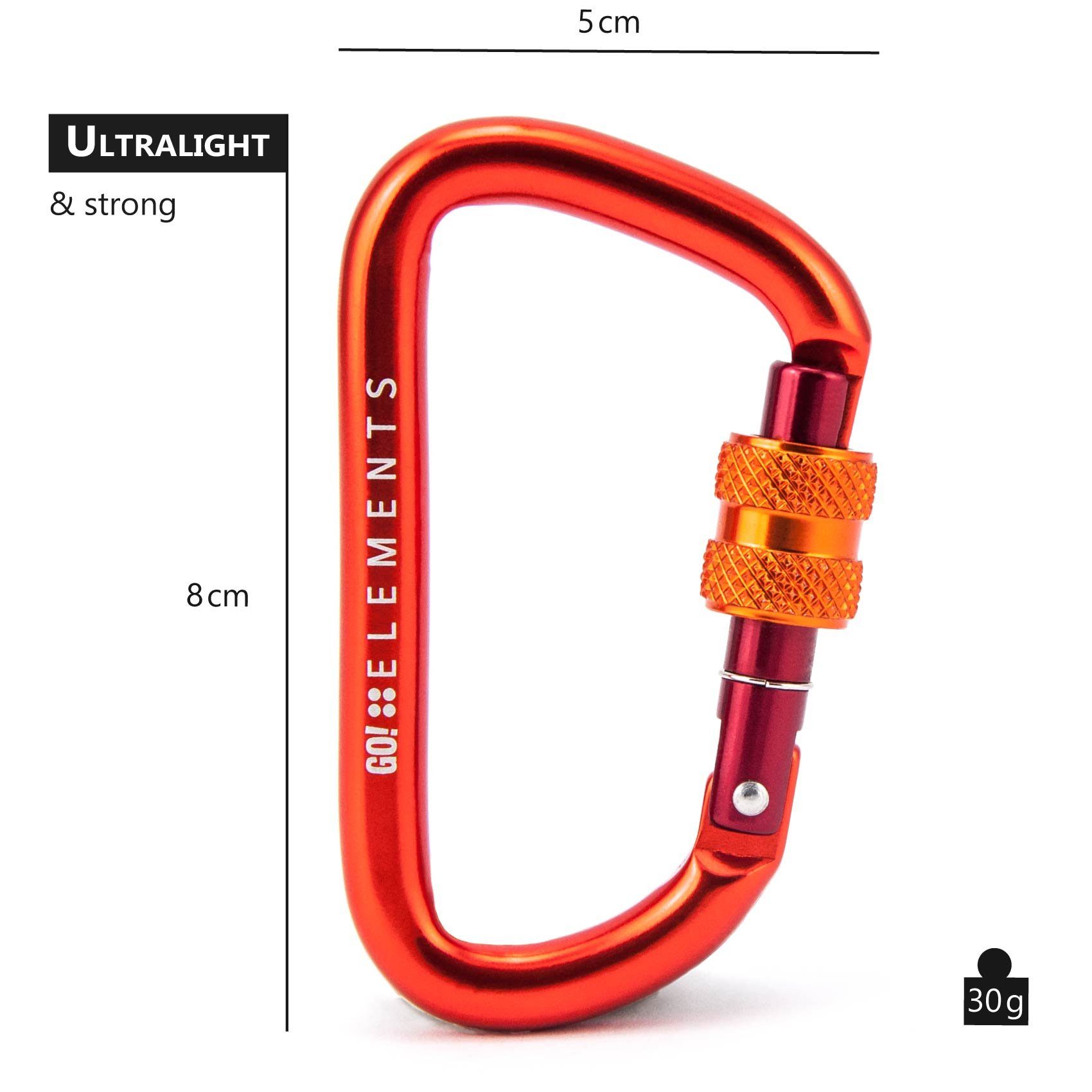 GO!elements Karabiner Strong 8, (2Stück), mit Schraubverschluss - 1200kg Bruchlast Karabinerhaken 12kN