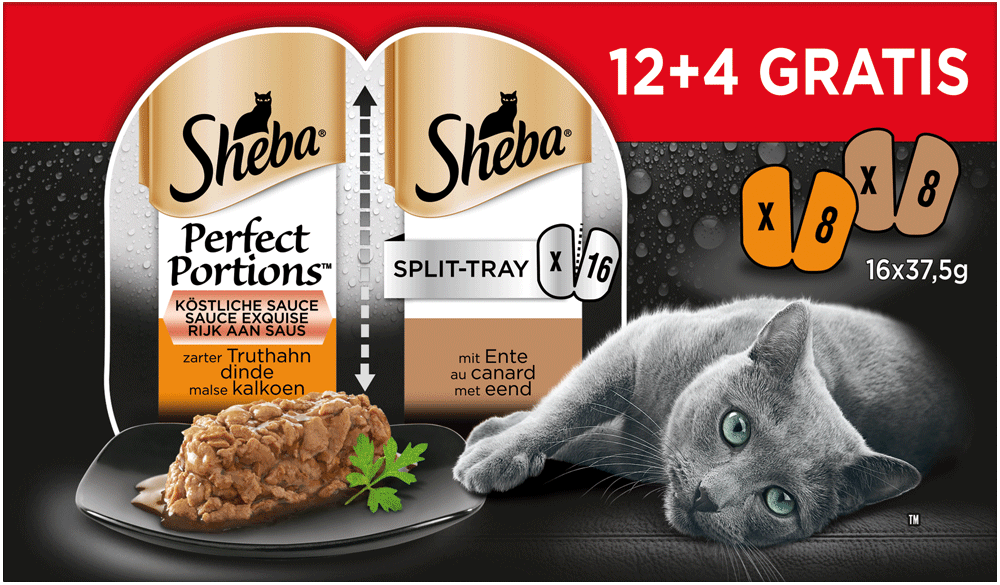 Sheba Perfect Portions Split-Tray Sauce mit Truthahn und mit Ente 12   4 Gratis, 600g