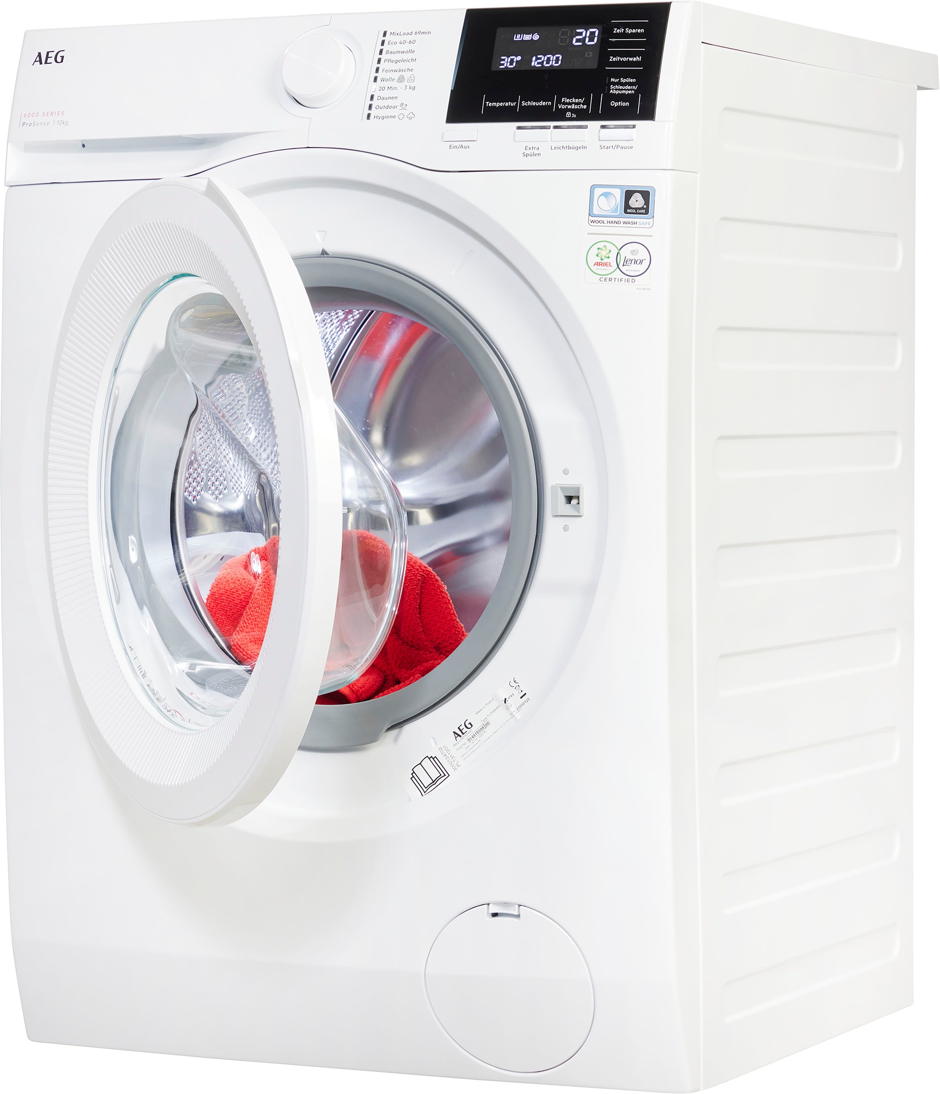 AEG Waschmaschine 6000 LR6F60400, 10 kg, 1400 U/min, ProSense® Mengenautomatik​ - spart bis 40% Zeit, Wasser und Energie