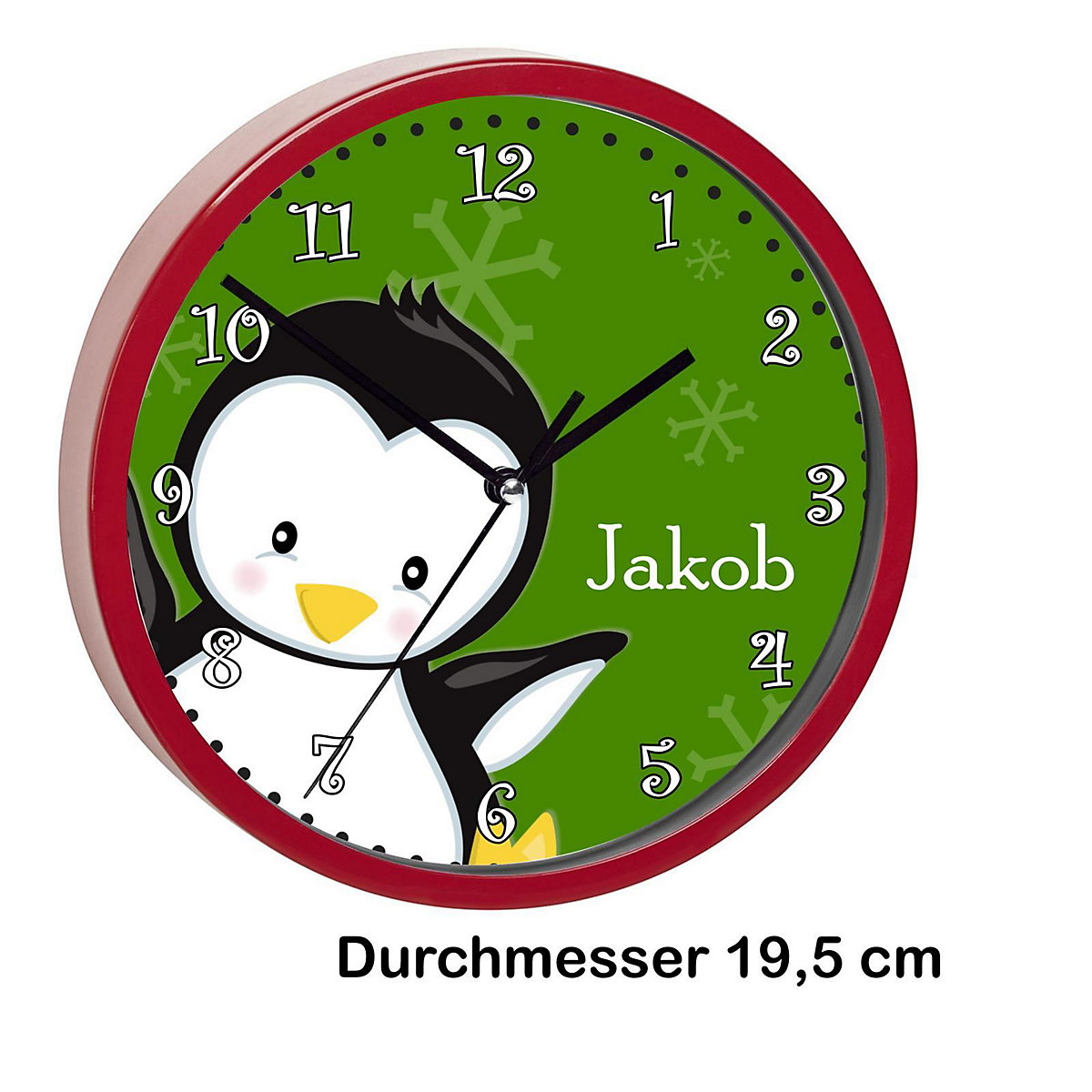 Kinder Wanduhr personalisiert mit Name Pinguin grün