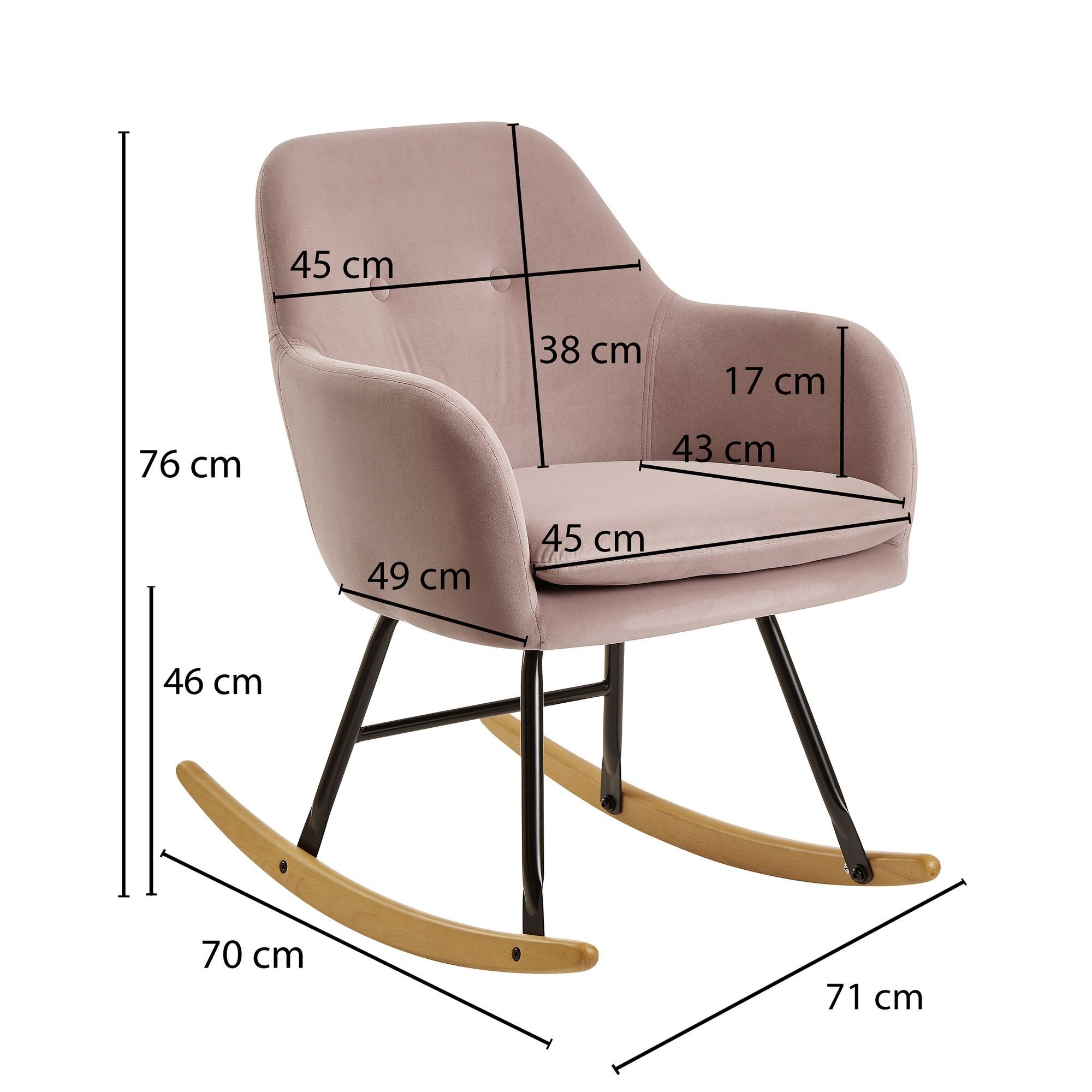 Wohnling Schaukelstuhl WL6.208 (Rosa 71x76x70cm Relaxsessel Samt Holz Skandi), Schaukelsessel Skandinavisch, Schwingsessel Modern