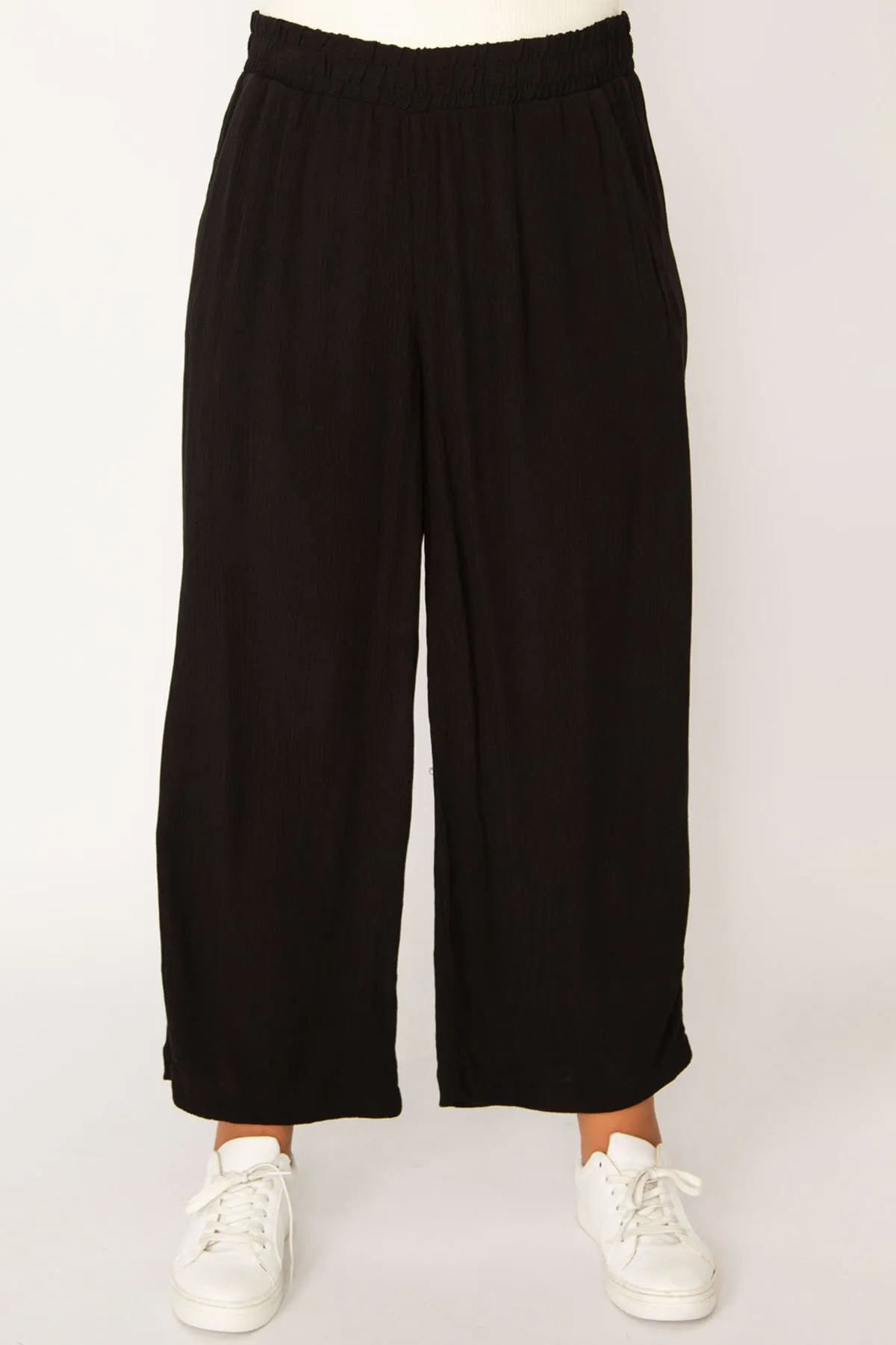 Şans  Damen-Hose aus schwarzem gewebtem Viskose-Stoff in gedrehter Größe mit elastischem Bund und Seitentaschen 65n33982