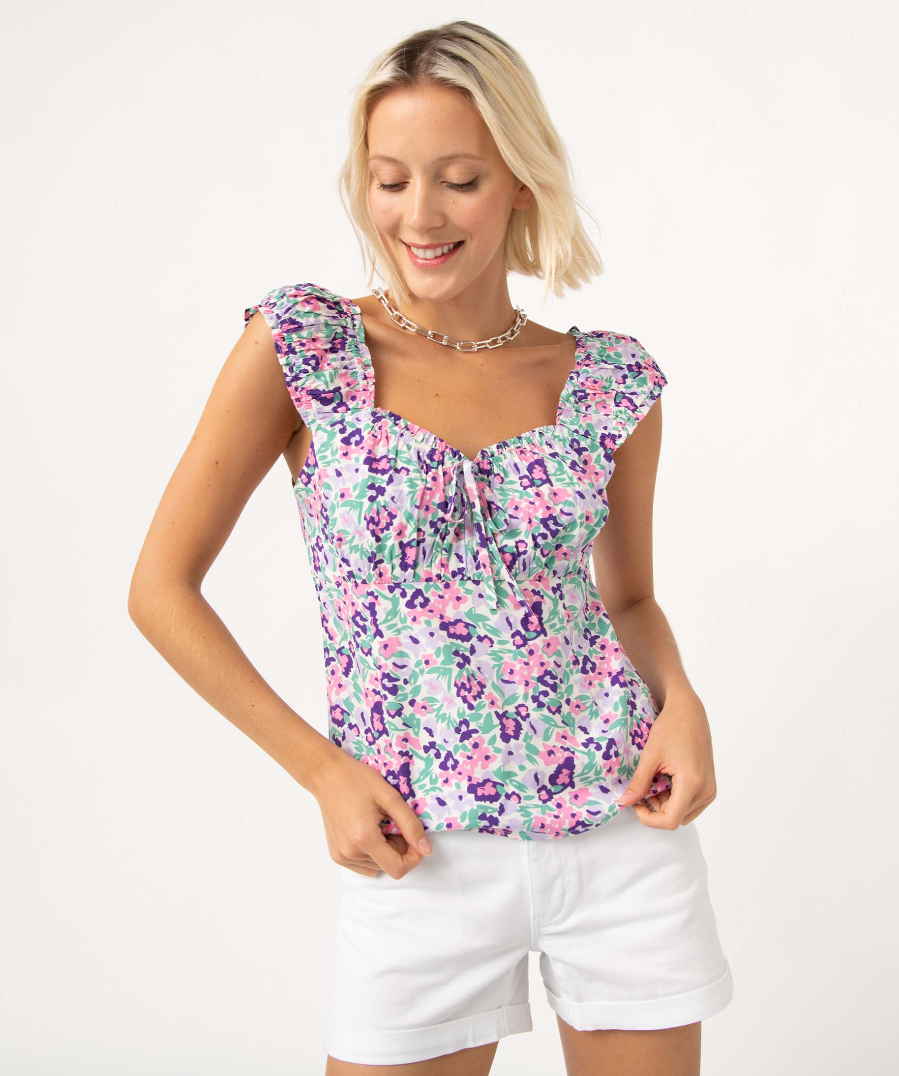 Blouse femme à larges bretelles smockées imprime | GEMO