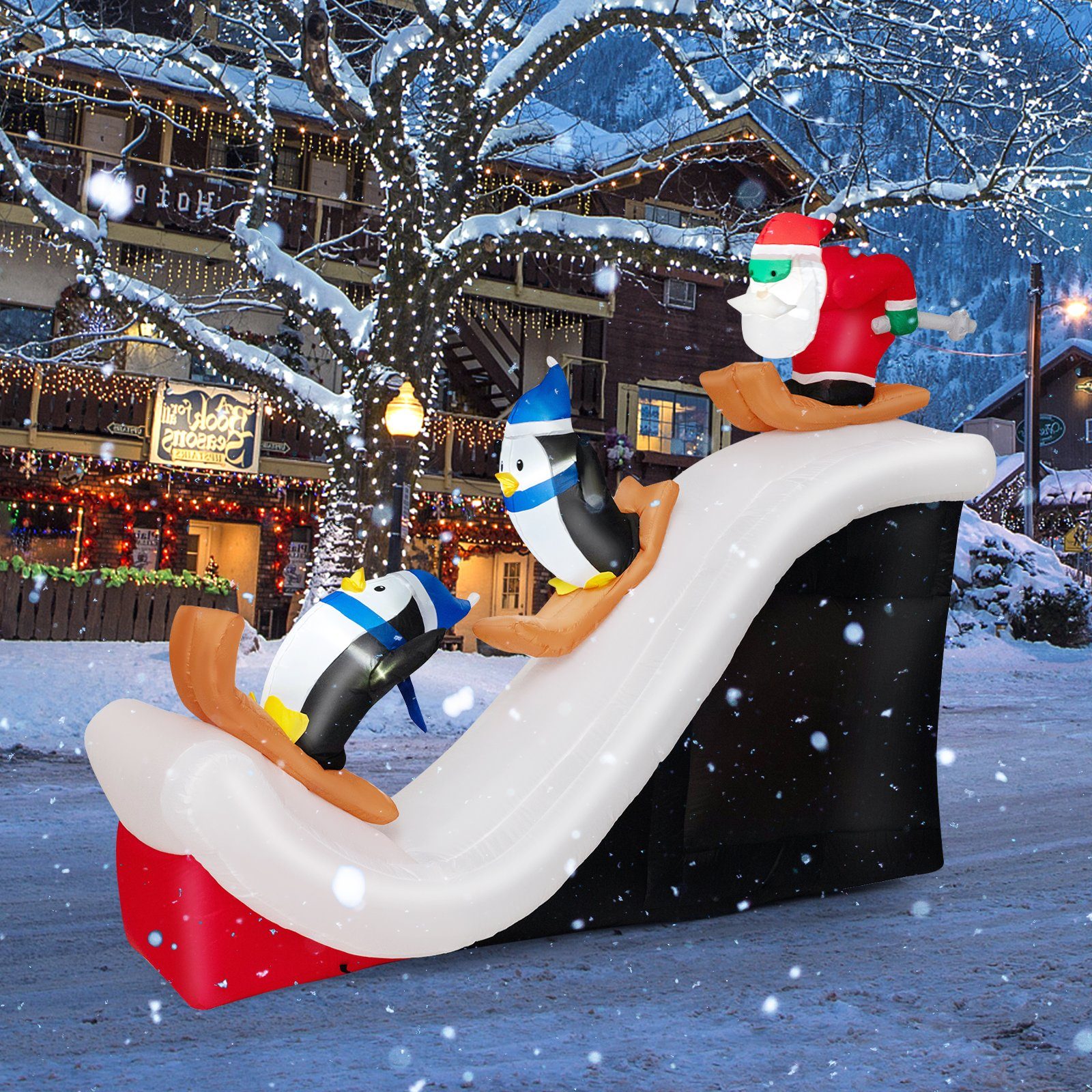 COSTWAY Weihnachtsmann, mit Skifahrenden Pinguinen, aufblasbar, 220 cm