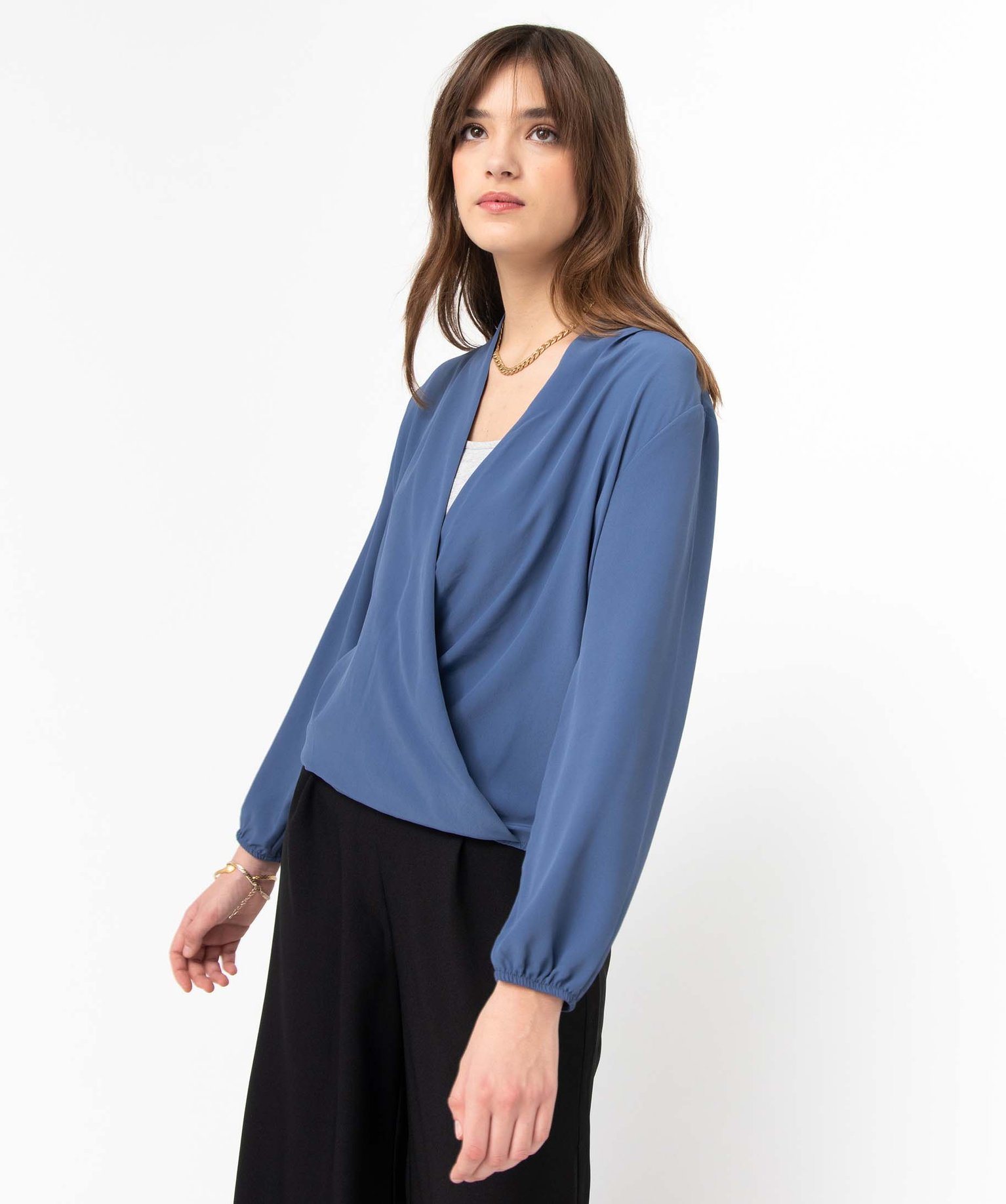 Blouse femme coupe cache-coeur effet drapé bleu | GEMO