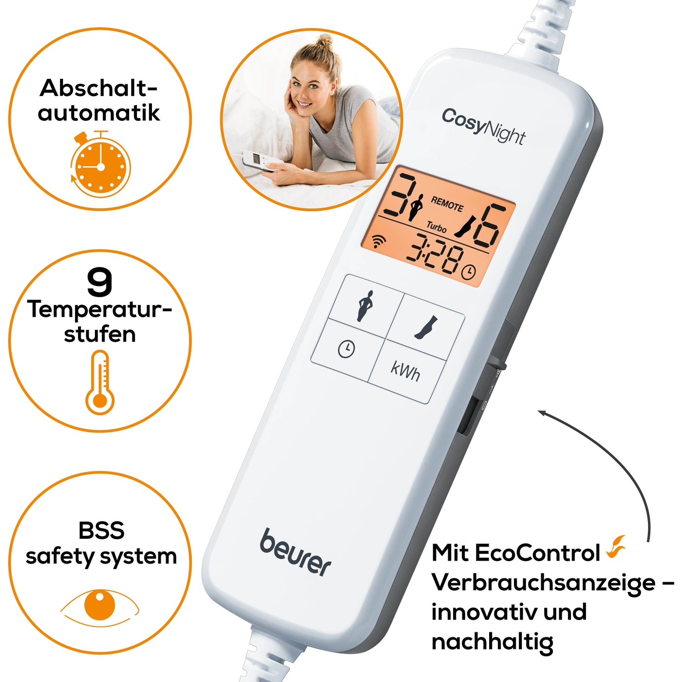 Beurer Komfort-Wärmeunterbett UB 190 CosyNight-App-gesteuertes Wärmeunterbett mit 2 Wärmezonen & Wärmerückschaltung - 150 x 80 cm