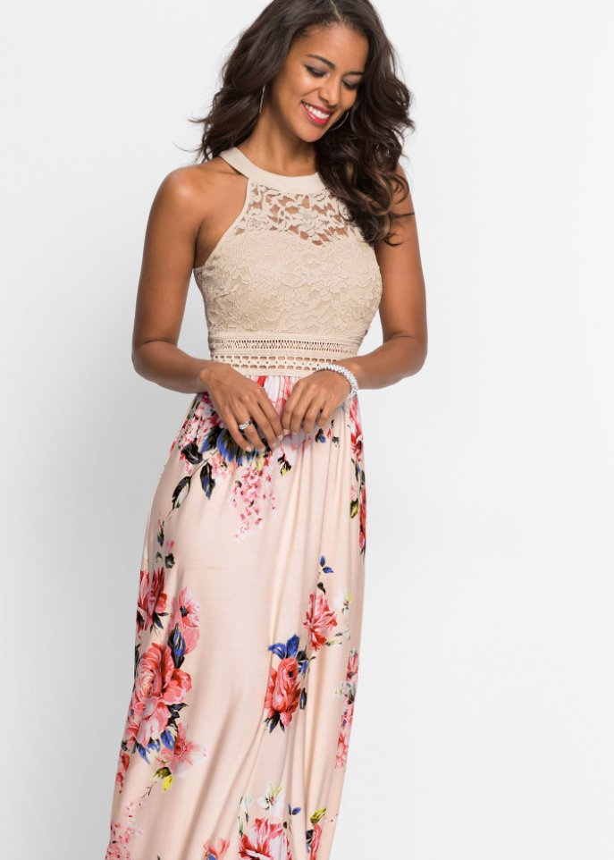 Sommer-Maxikleid mit Blumen-Print und Spitze