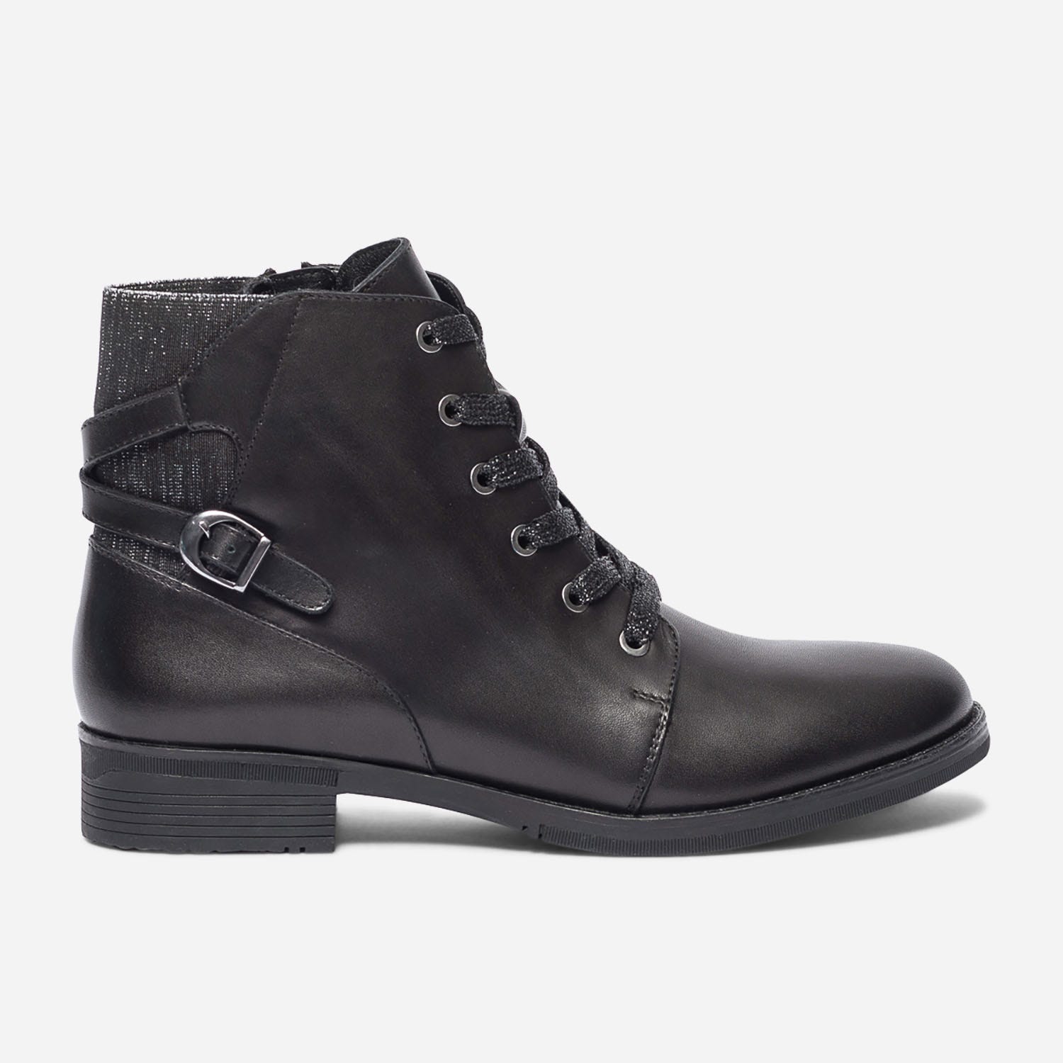 Bottine noire en cuir à élastique et lacet pailletés
