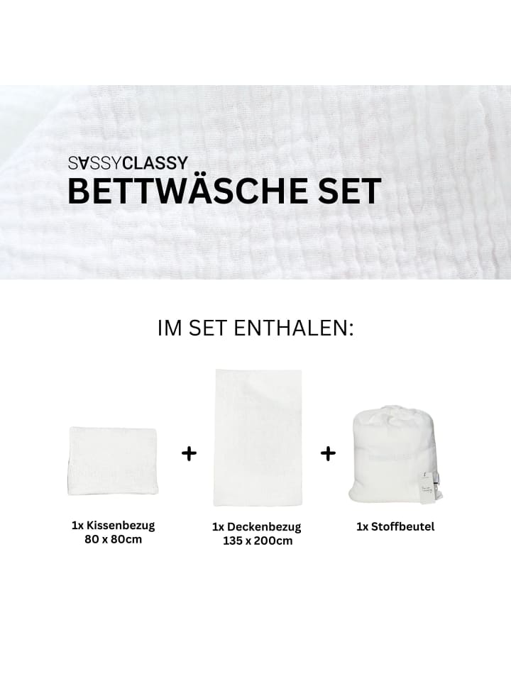 SASSYCLASSY Musselin Bettwäsche in Weiß günstig kaufen 135x200 cm (80x80 cm)