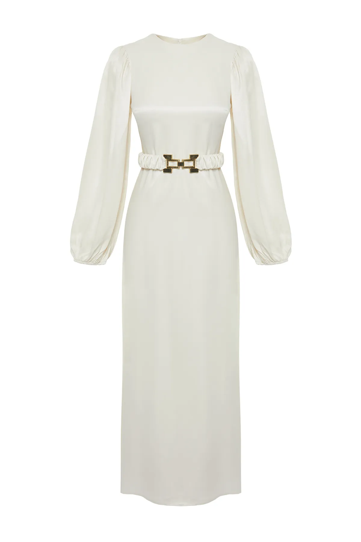 Trendyol Modest  Ecru Satin gewebtes Brauthochzeits-/besonderes Anlass-langes Abendkleid TCTSS24DB00041