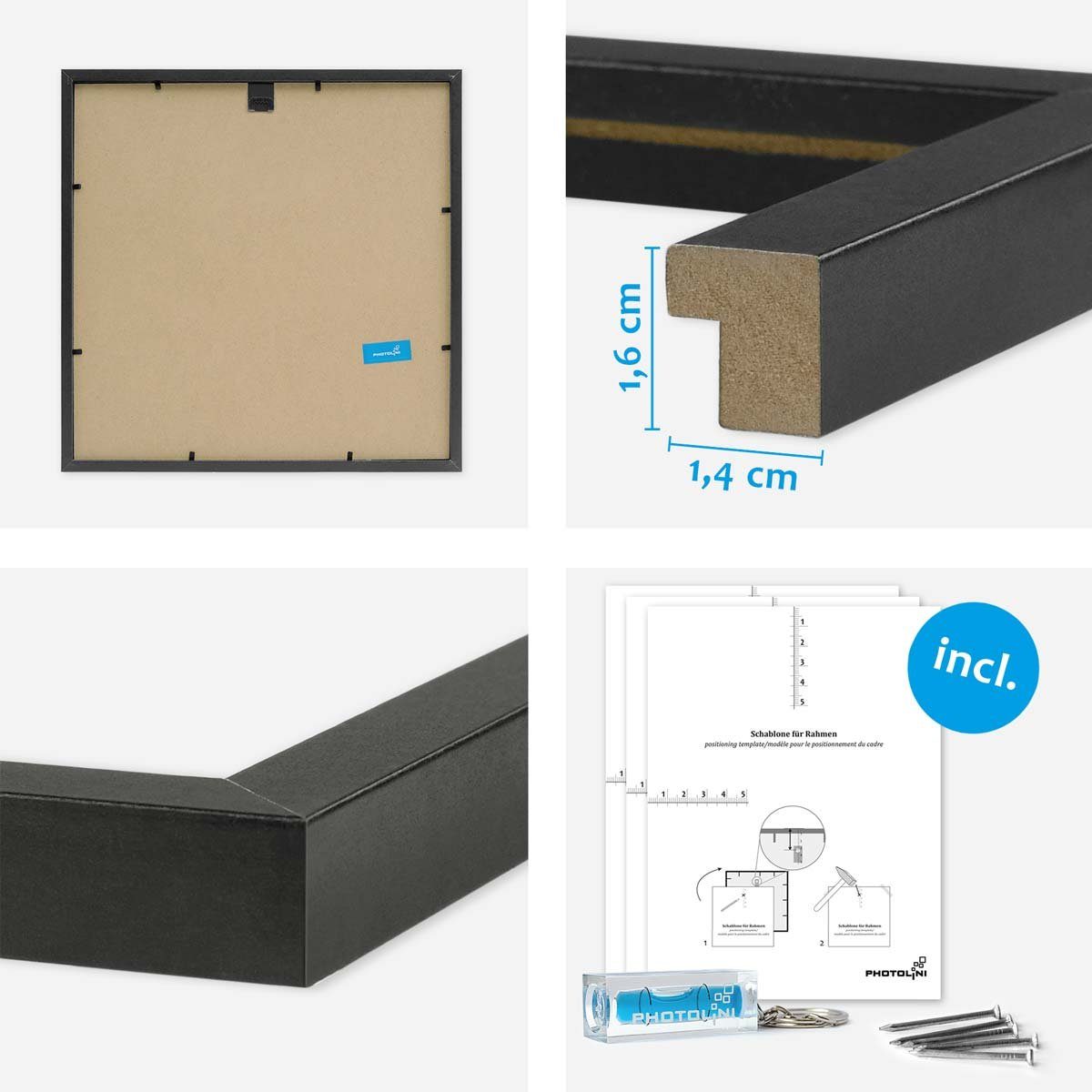 PHOTOLINI Bilderrahmen 9er Set 30x30 cm Modern Schmal mit Passepartout