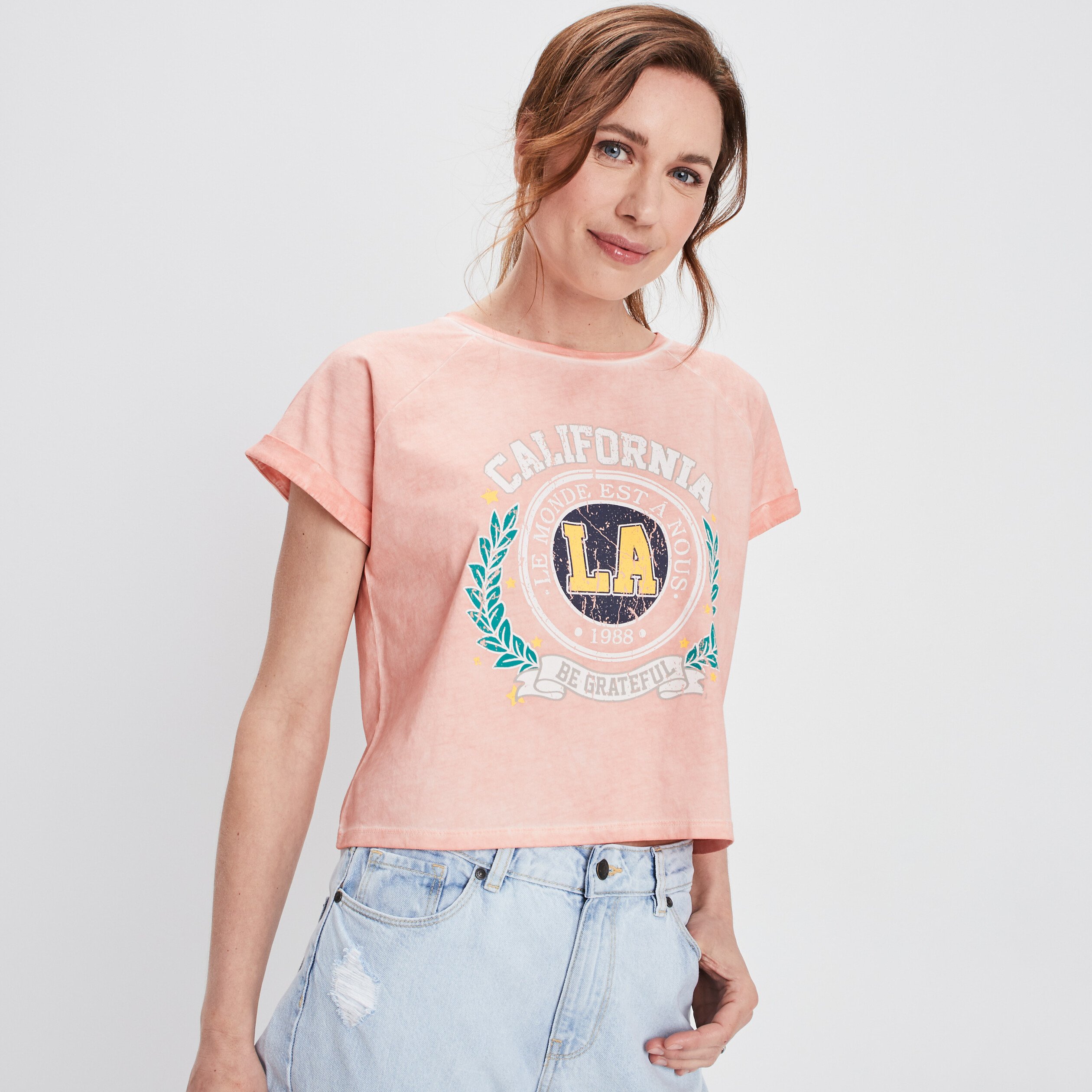 T-shirt cropped à col rond rose femme | La Halle