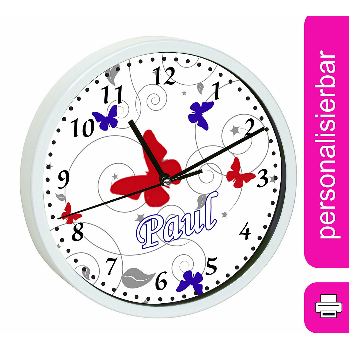 Kinder Wanduhr laufruhig personalisiert mit Name Schmetterling Rot Blau Grau