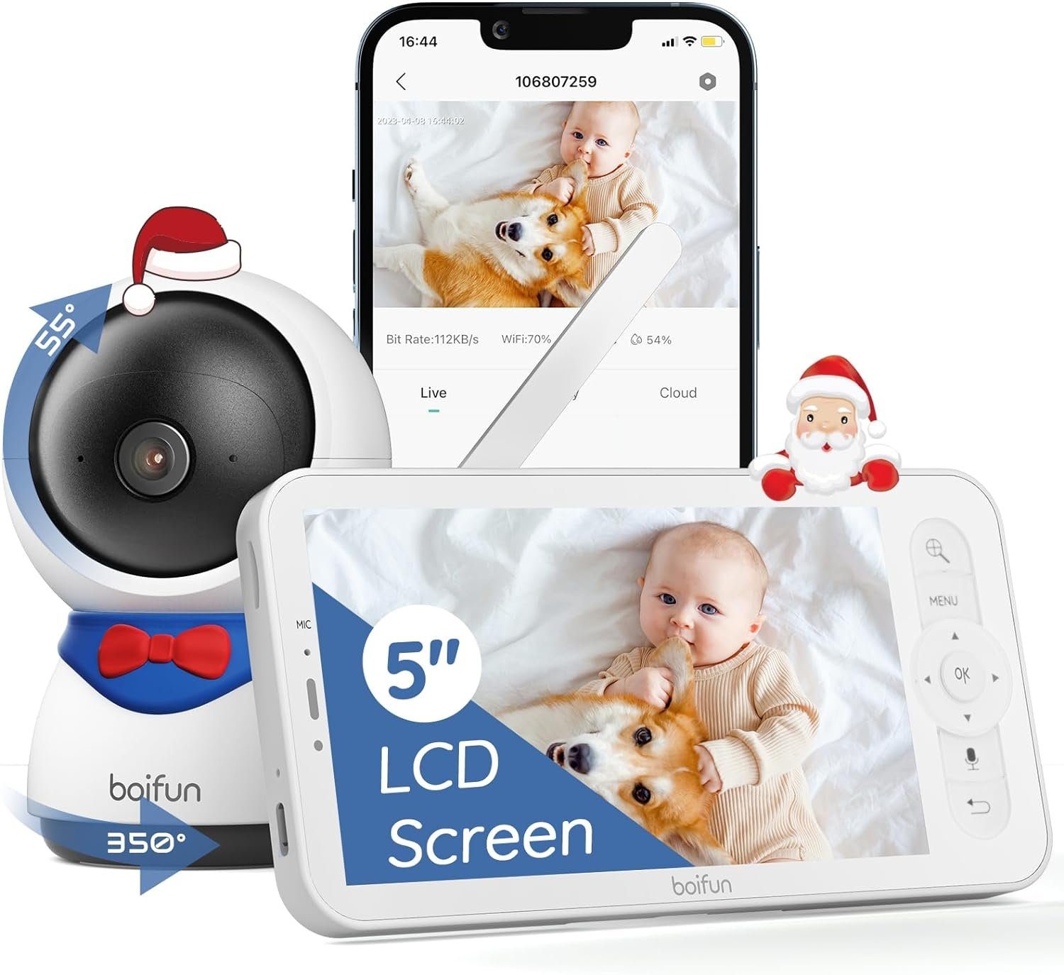 Boifun Babyphone Babyphone mit Kamera App 5 Zoll LCD-Display Babyfon 1080P 4×Zoom, Automatisches AI-Tracking, Zonenalarme, PT 350°/55°, Bewegungs/Geräuscherkennung