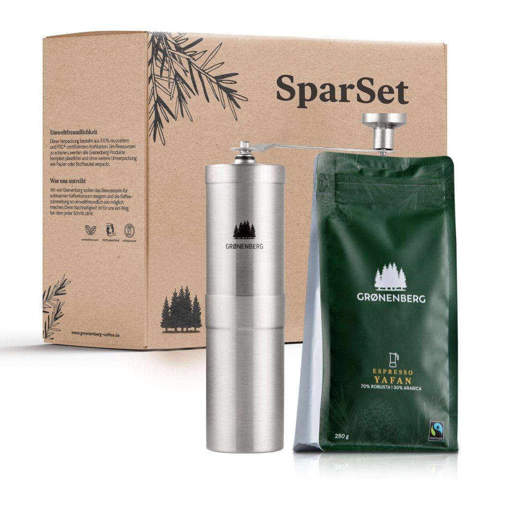 GRØNENBERG Kaffeemühle Spar Set 8: Bio Espressobohnen + Edelstahl Kaffeemühle manuell, Handkaffeemühle mit Keramikmahlwerk, 35,00 g Bohnenbehälter, Stufenlos, präzise einstellbar