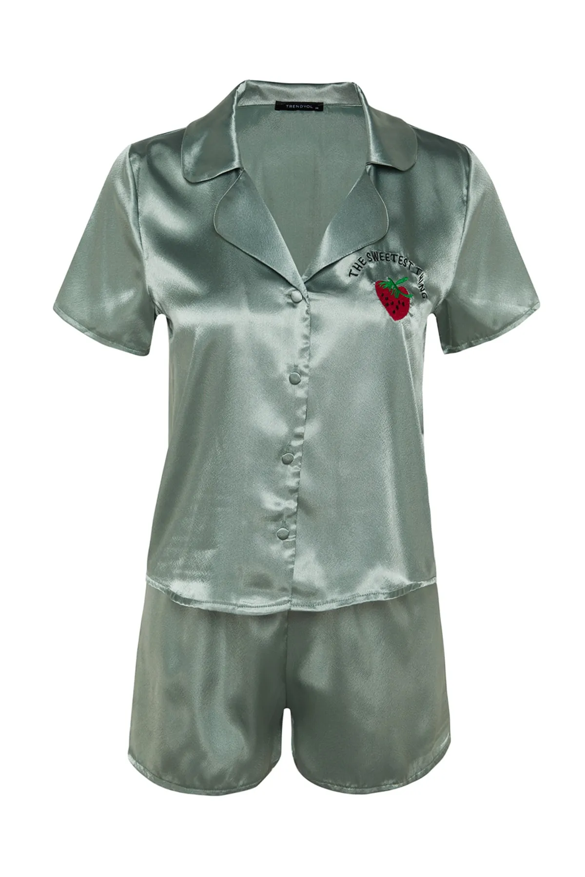 Trendyol Collection  Mintfarben besticktes Satin-Hemd-Shorts-Pyjama-Set aus Webstoff THMSS22PT0395