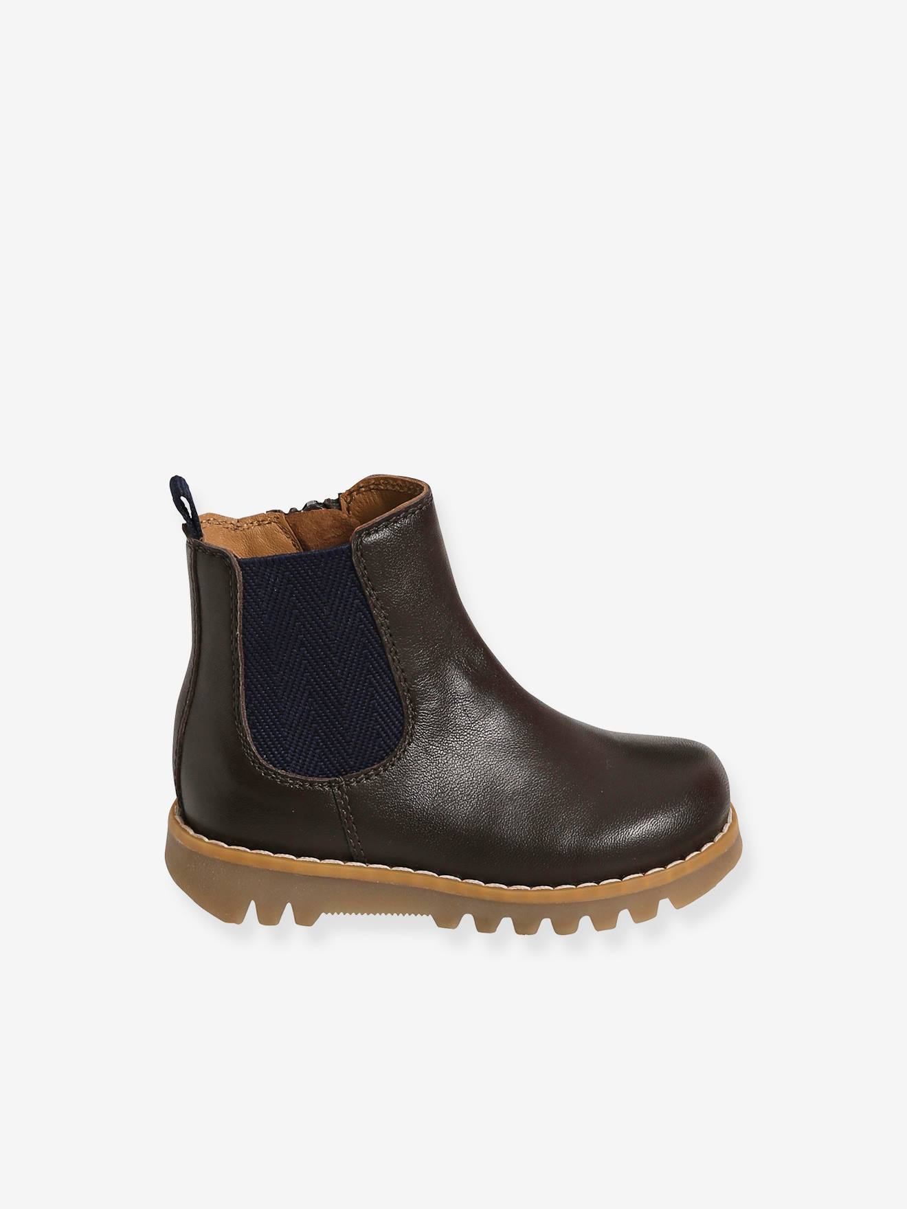 Boots cuir bébé mixte zippés et élastiqués chocolat