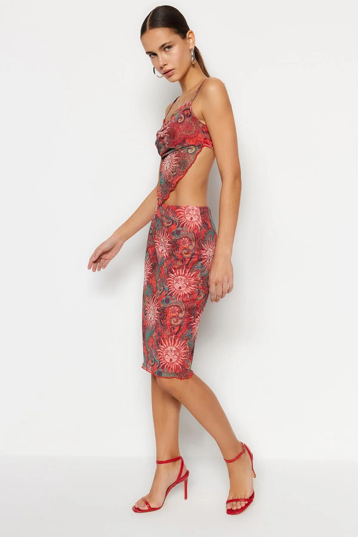 Trendyol Collection  Premium Orange bedruckter Midi-Strickrock aus Tüll mit hohem Bund und Futter TWOSS23ET00206