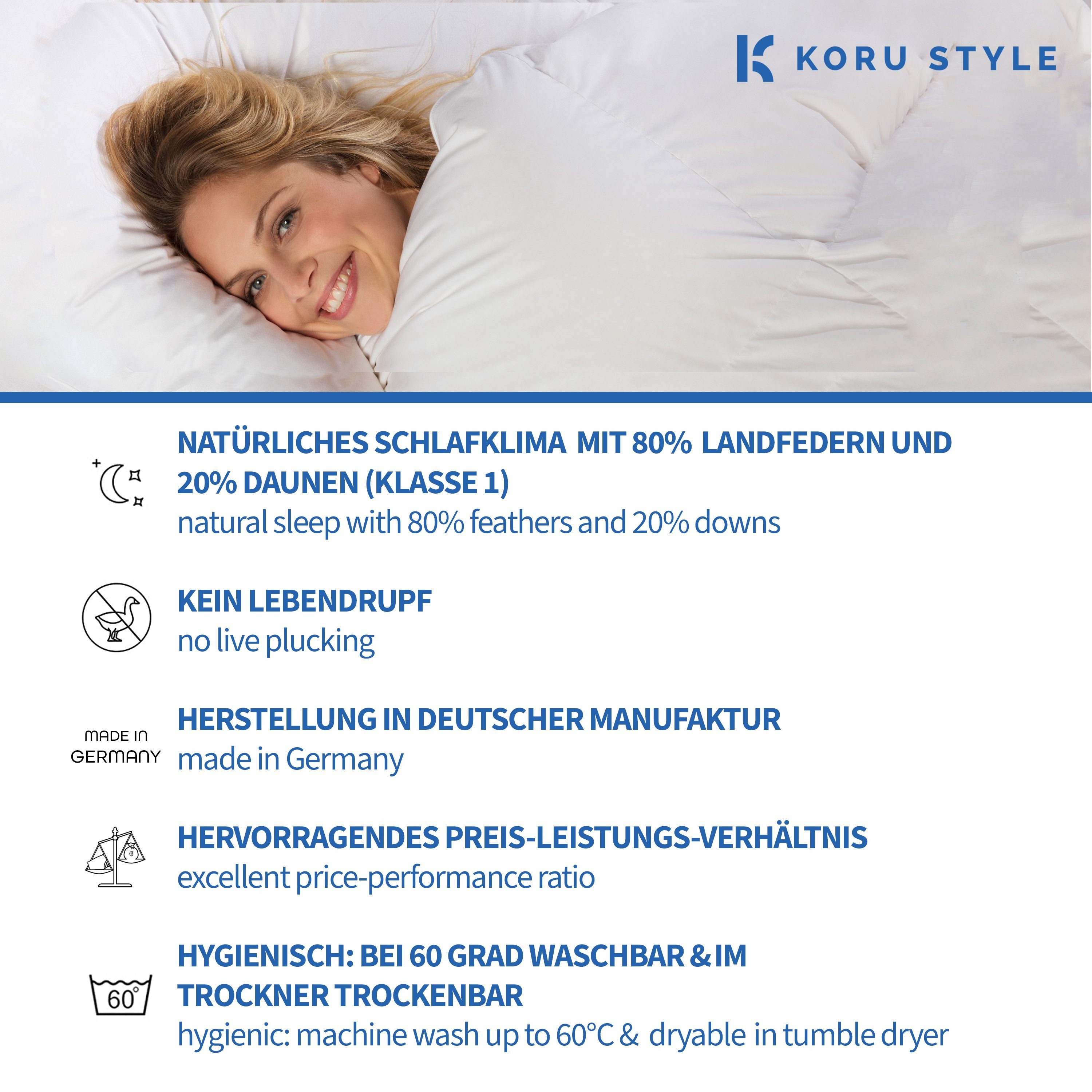 Federkopfkissen Kopfkissen Superior, Koru Style, Füllung: 80% halbweiße neue Landfedern und 20% Landdaunen, Bezug: 100% Baumwolle, aus Deutschland, tolles Preis-Leistungs-Verhältnis, Stützkraft Medium