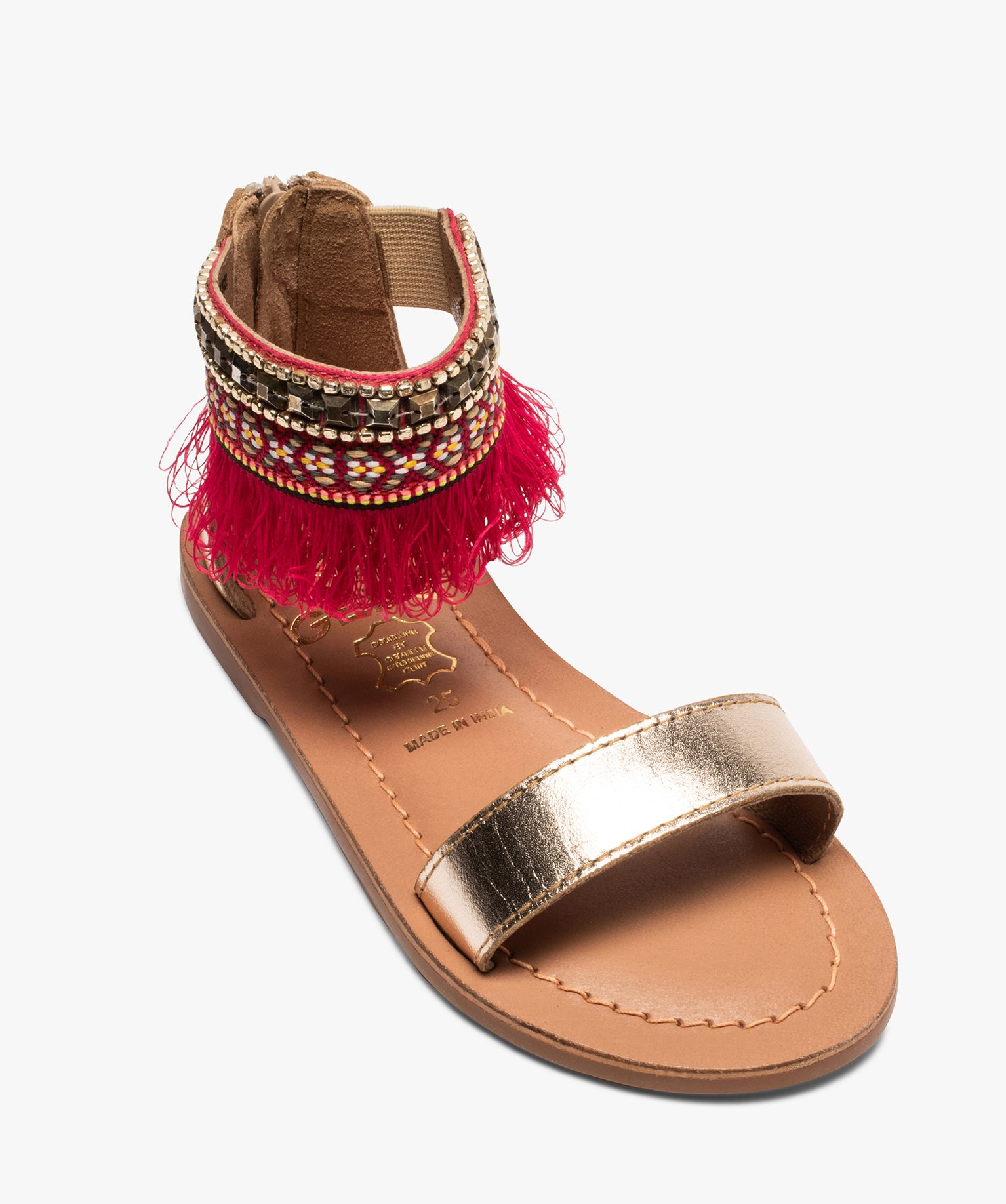 Sandales fille avec bride cheville ornée de perles et franges camel | GEMO