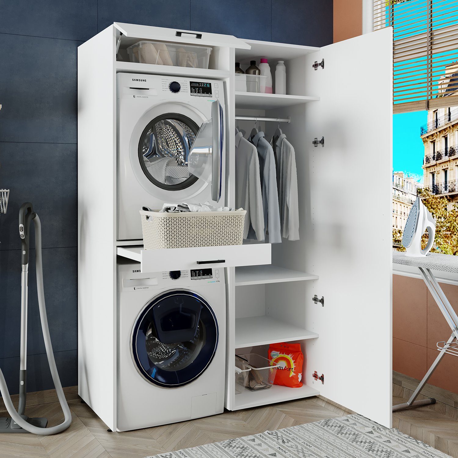 Roomart Waschmaschinenumbauschrank (Waschmaschinenschrank für Trockner und Waschmaschine Überbauschrank)