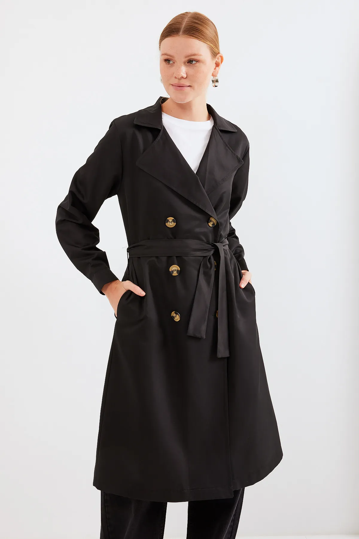 Bigdart  5853 Zweireihiger Trenchcoat mit Kragen – Schwarz