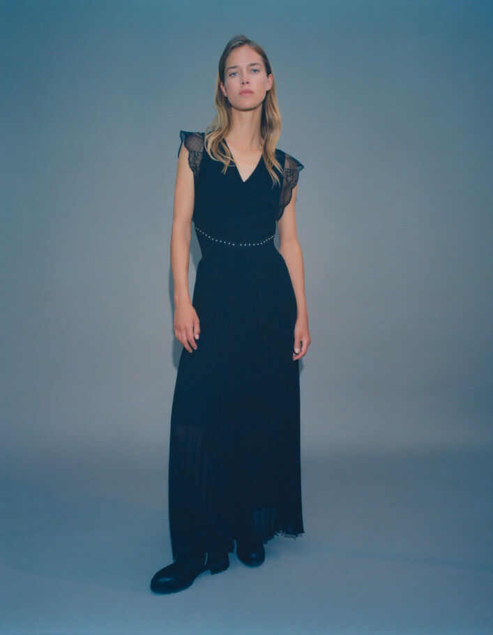 Robe longue noire plissée recyclée Femme