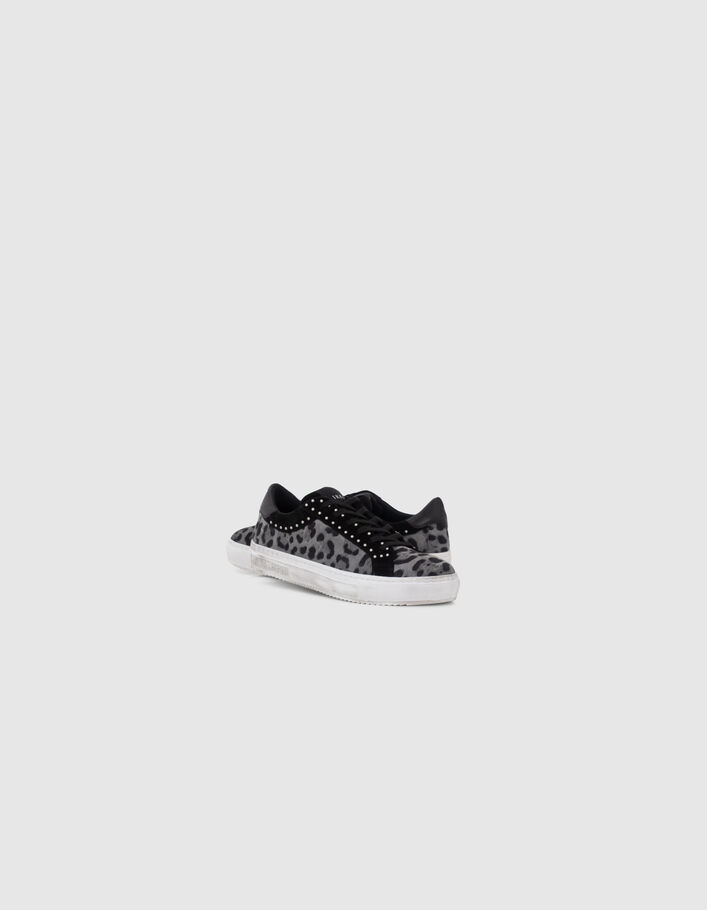 Sneakers noires cuir velours motif léopard et clous Femme